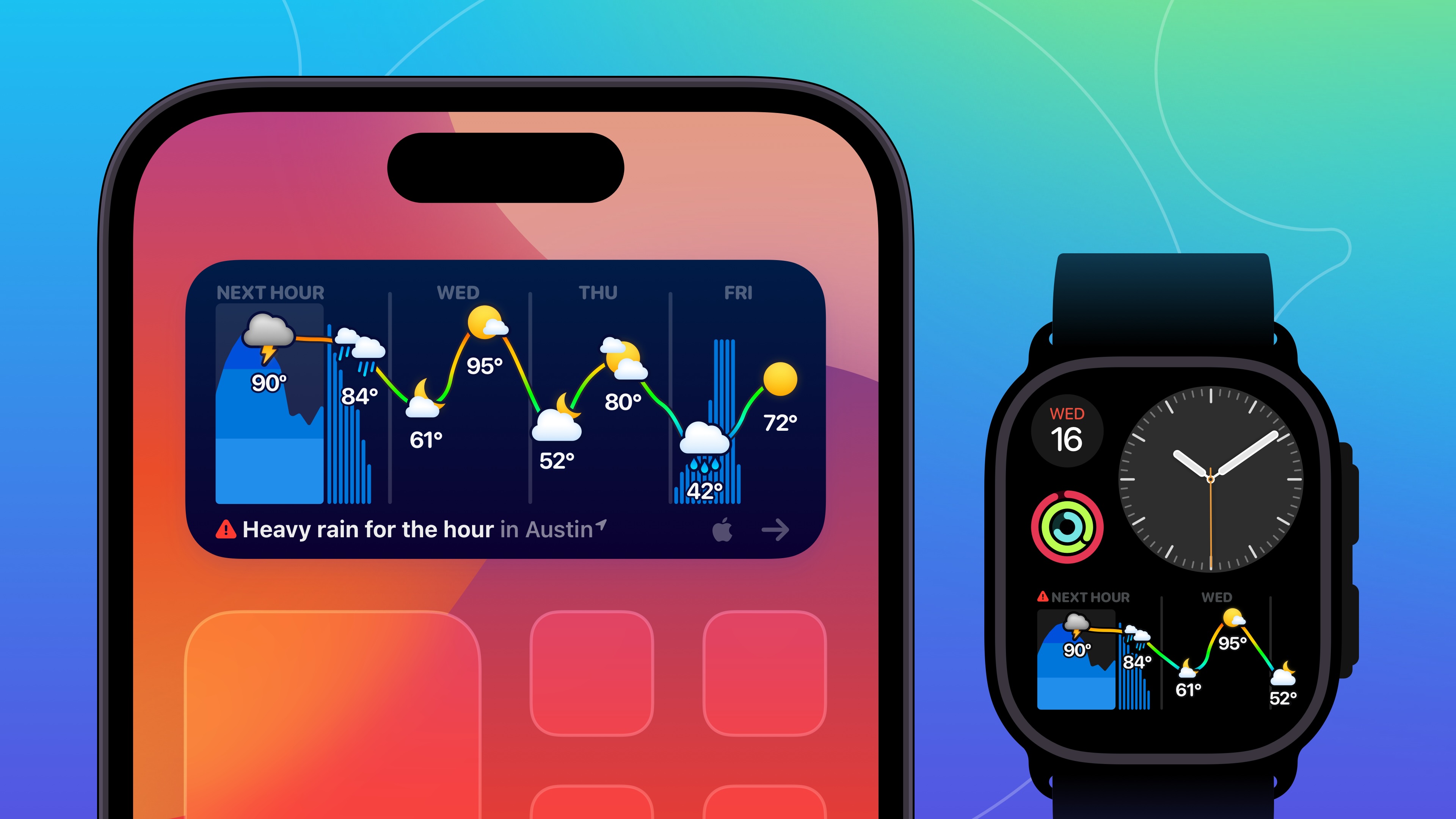 image of Weather Up widget on Home Screen and on Apple Watch
