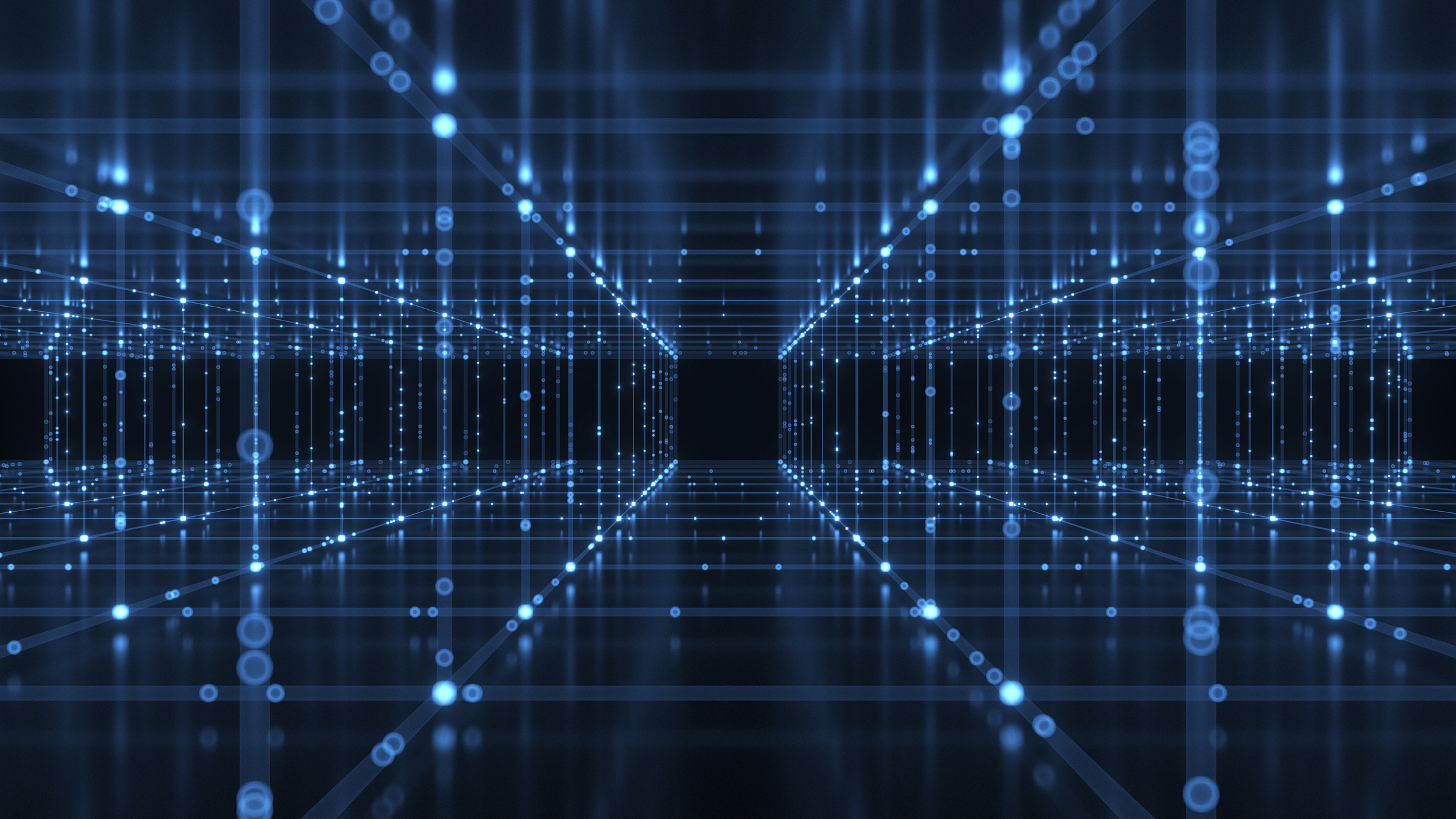 Conceptual image of data flowing as dots of light in a grid.