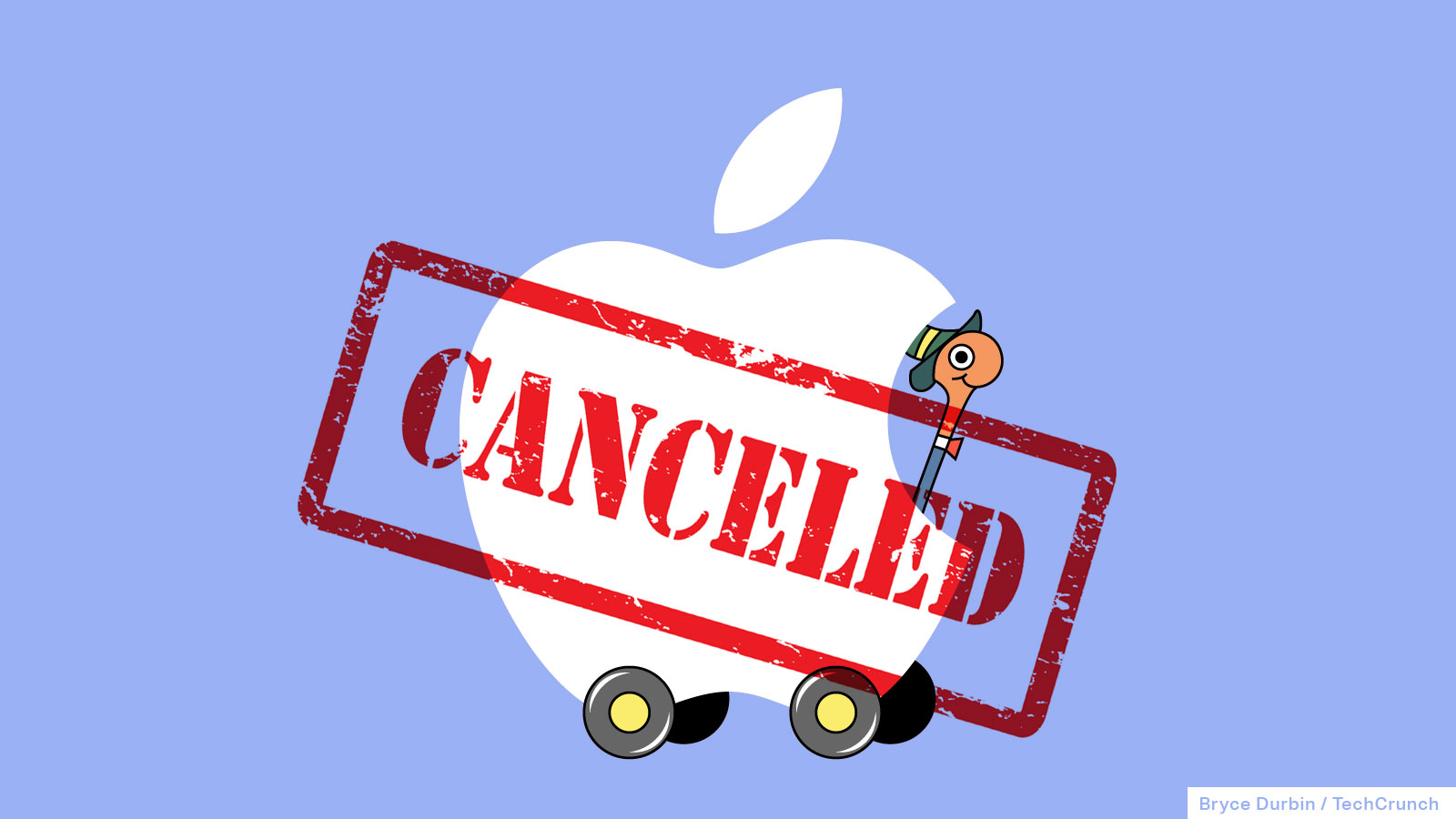 Lowly Worm driving an Apple logo as a car. A "canceled" stamp overlays the image