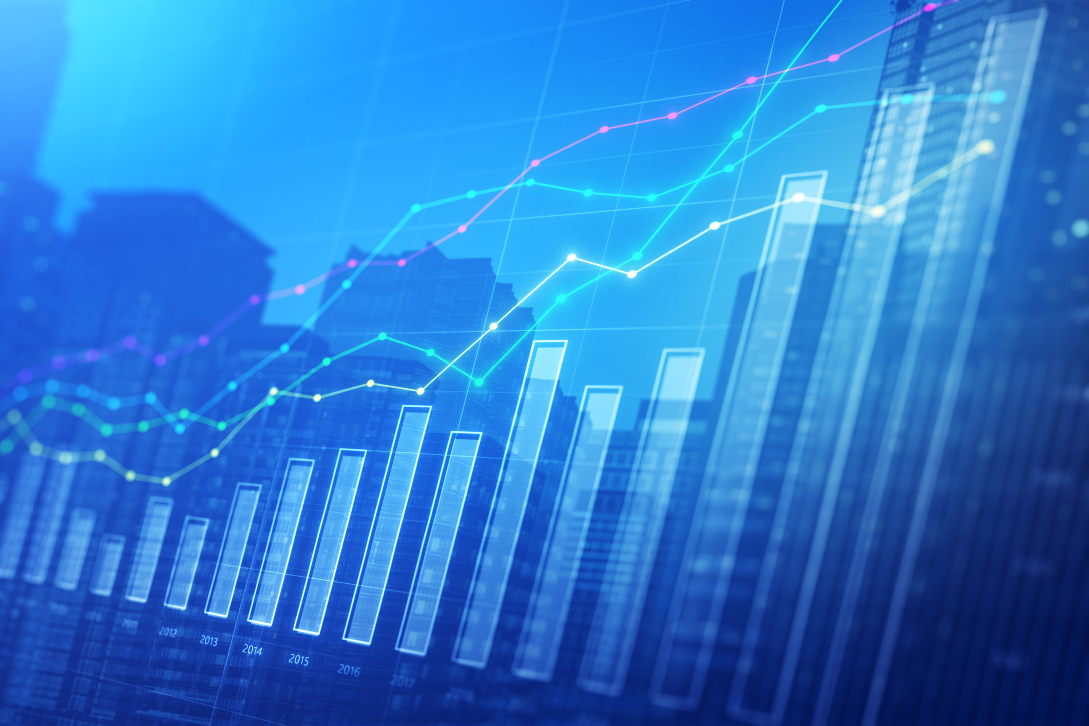 Business chart on upward trajectory on blue background.