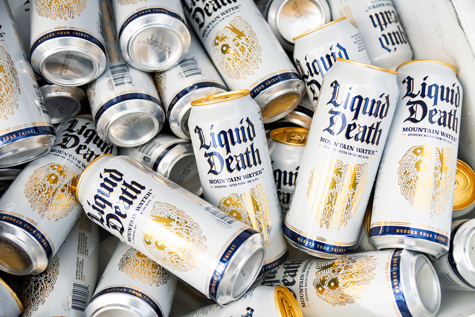 READING, ENGLAND - AUGUST 27: General view of Liquid Death mountain water cans on day 3 of Reading Festival 2023 at Richfield Avenue on August 27, 2023 in Reading, England. (Photo by Joseph Okpako/WireImage)