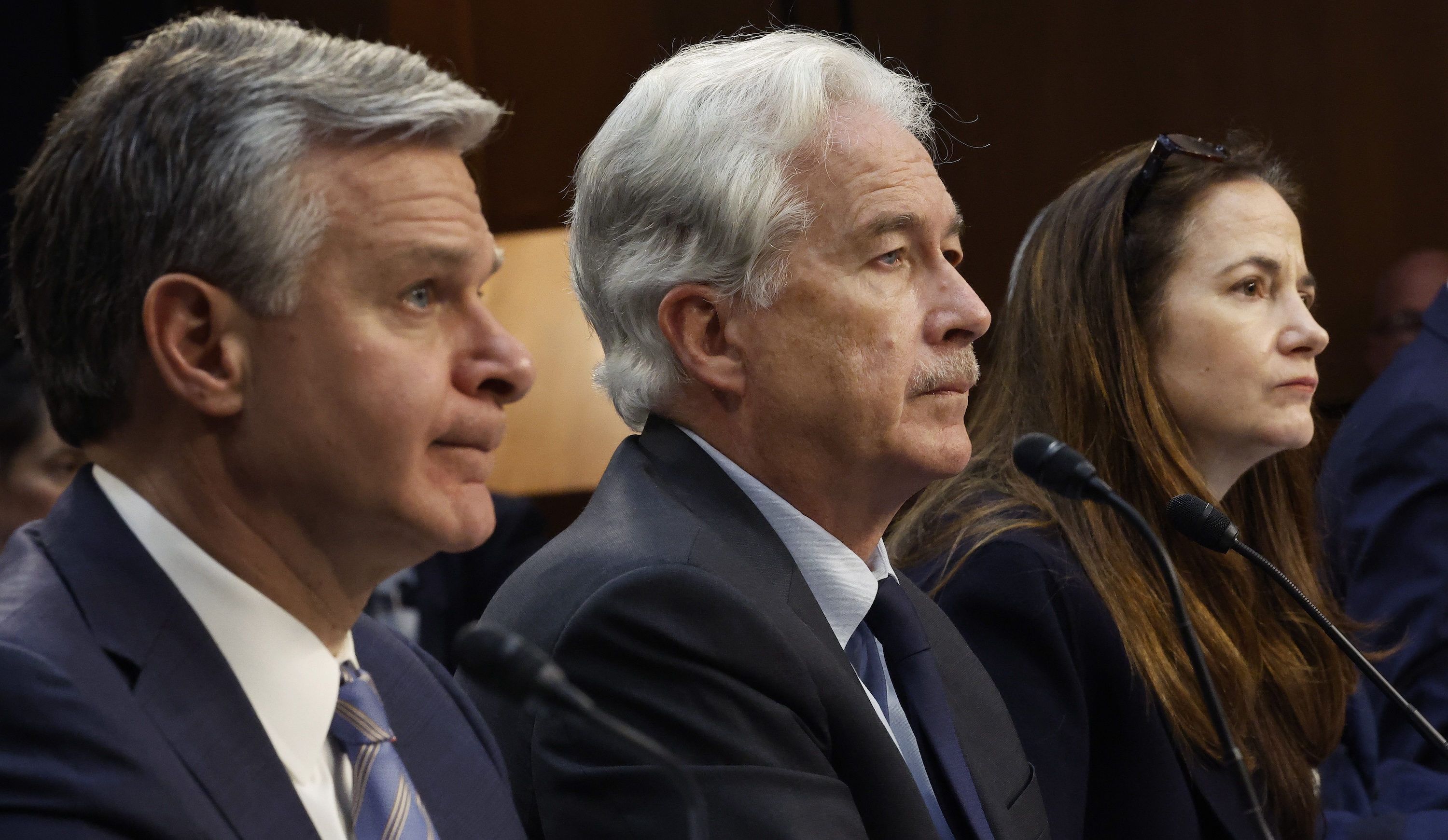 Federal Bureau of Investigation Director Christopher Wray, Central Intelligence Agency Director William Burns and Director of National Intelligence Avril Haines testify before the Senate Select Committee on Intelligence about global threats against the United States on March 11, 2024 in Washington, DC.