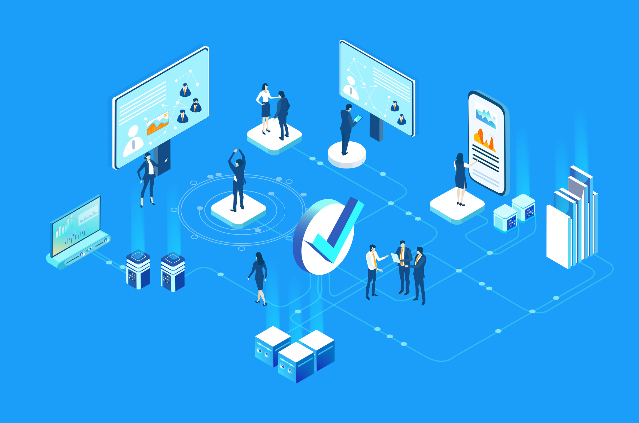 Illustration of IT operations team working together surrounded by different types of equipment.