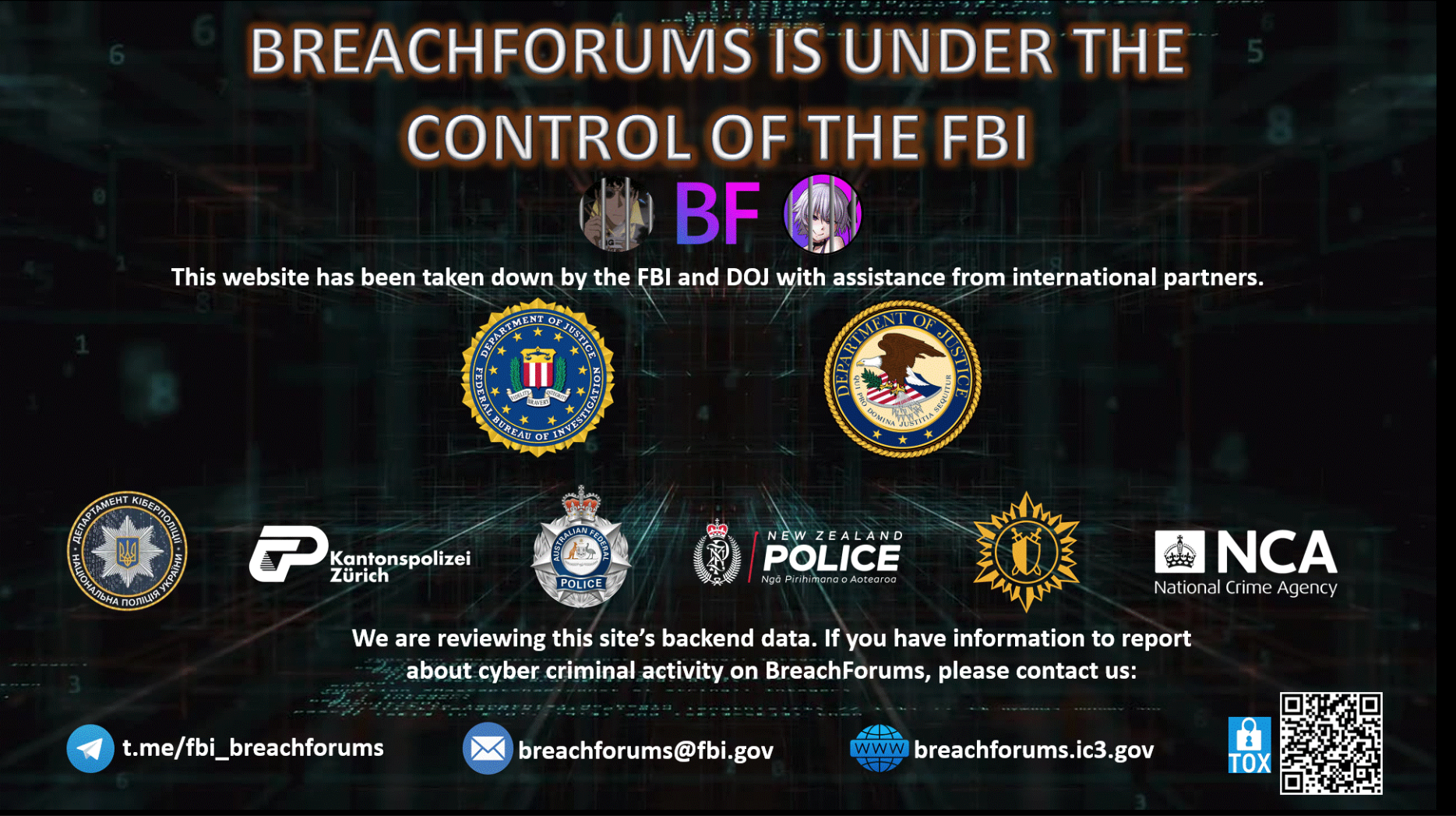 A screenshot of the homepage of the cybrecrime forum Breachforums, after the FBI seized in on May 15, 2024.
