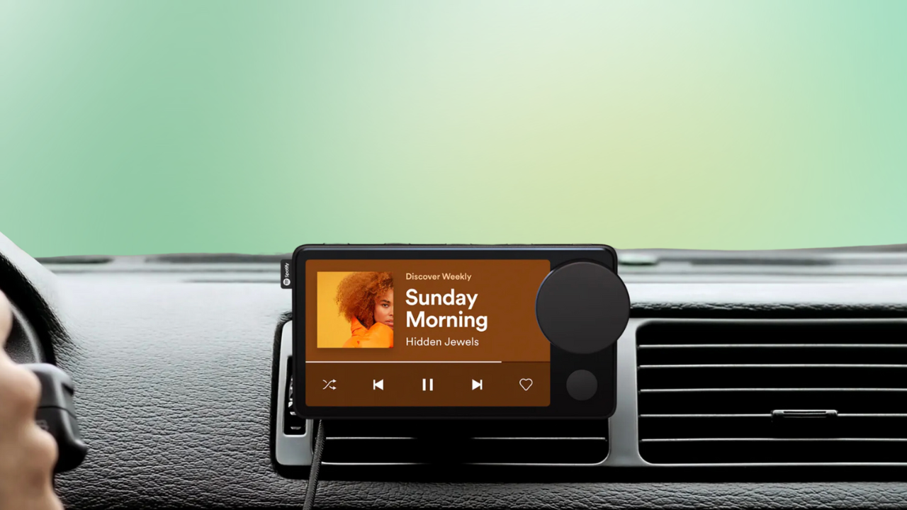 Spotify's car thing device on a green background