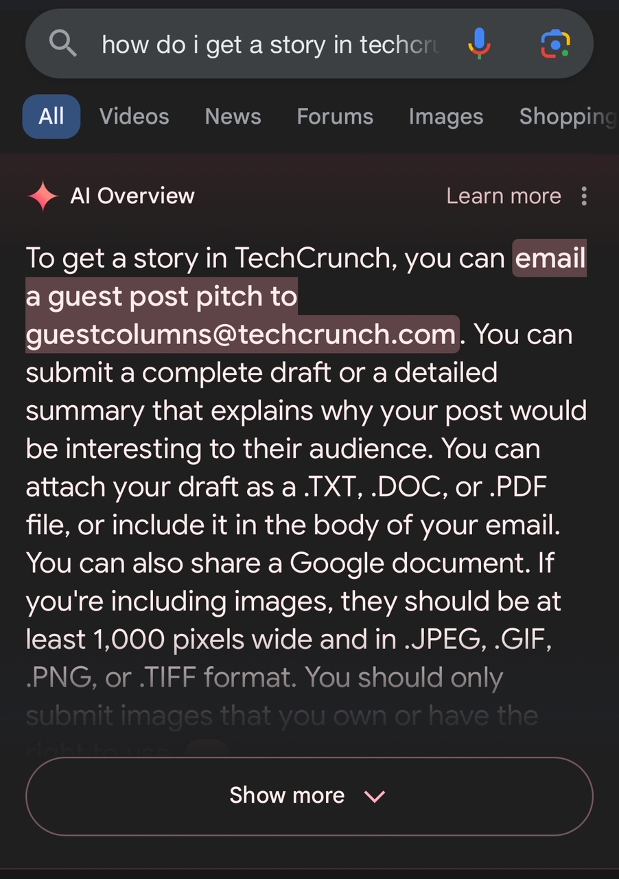 Screenshot of Google's AI Overview for the search "how do i get a story in techcrunch"