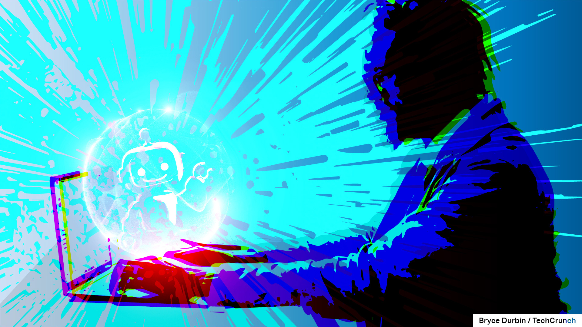 an illustration of a person using an AI chatbot on a blue, explosive background