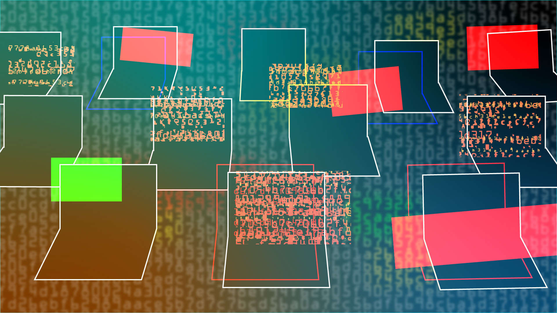 a series of illustrated colorful laptops featuring red, glitchy and matrix-like text symbolizing malware