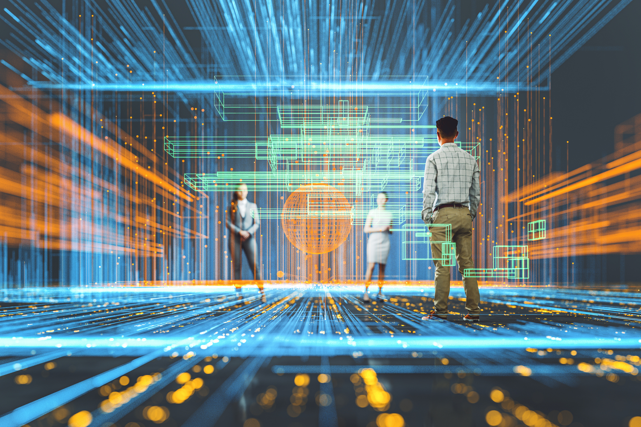 Group of employees standing in futuristic environment.