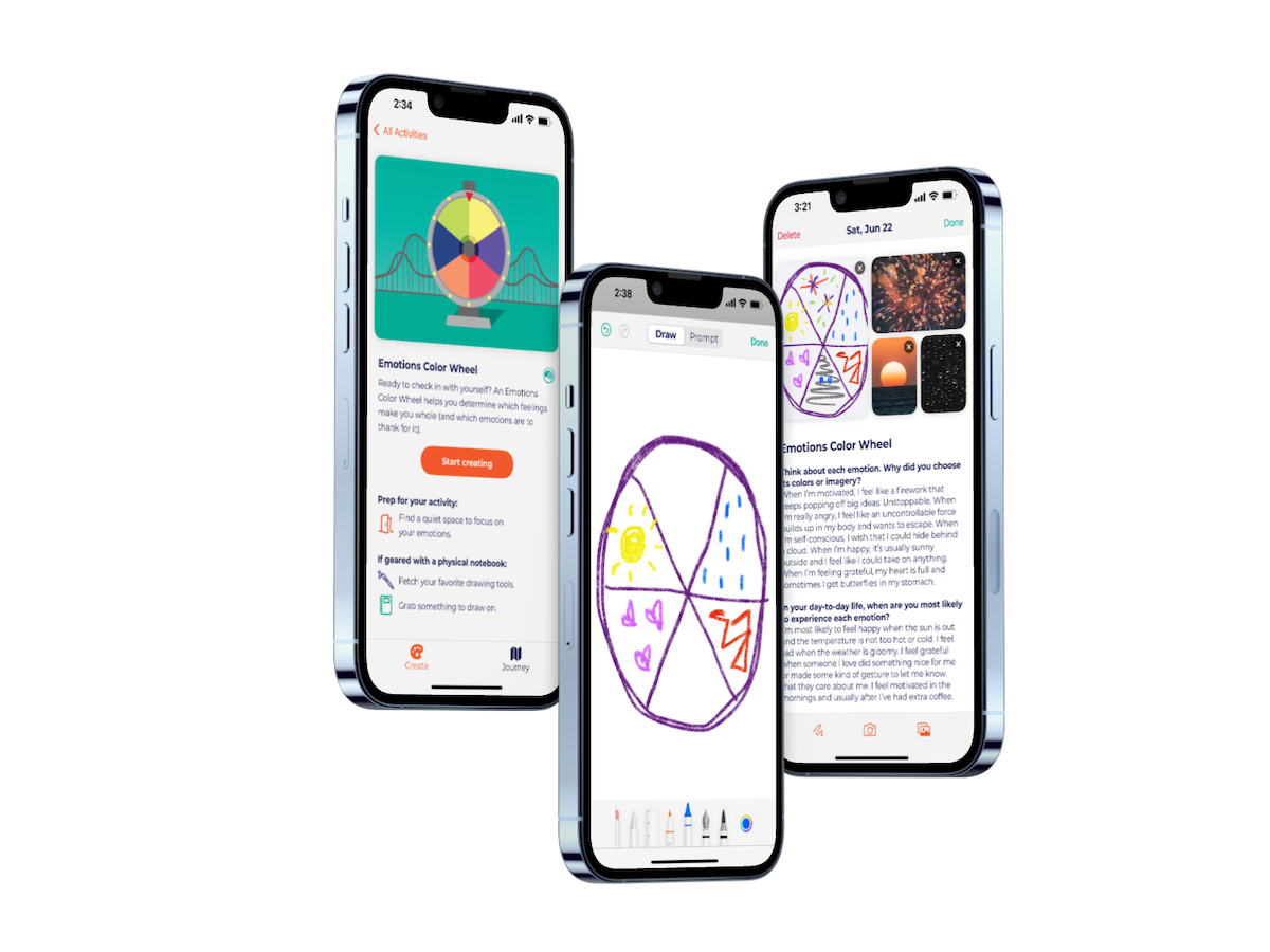 Scribble Journey app displayed on 3 smartphone screens