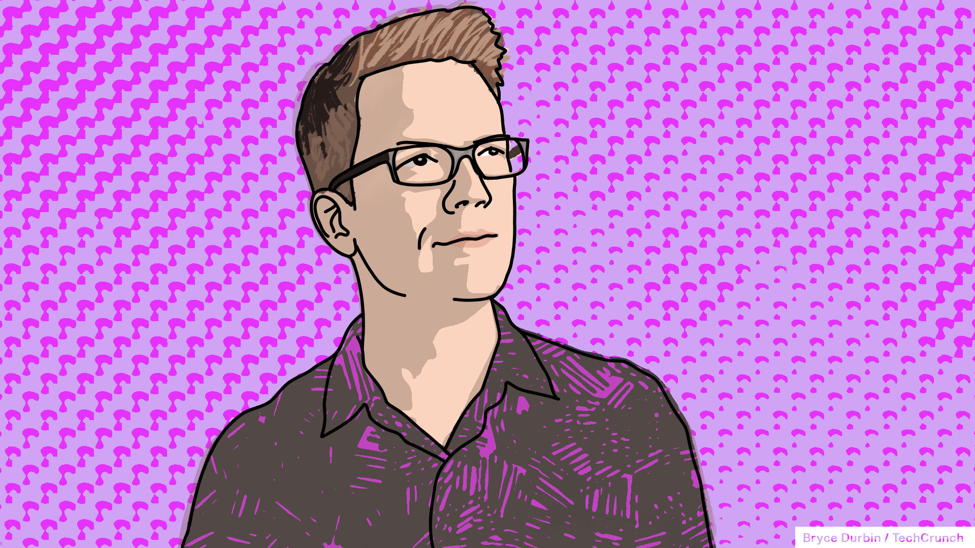 An illustration of Hank Green atop a pink patterned background