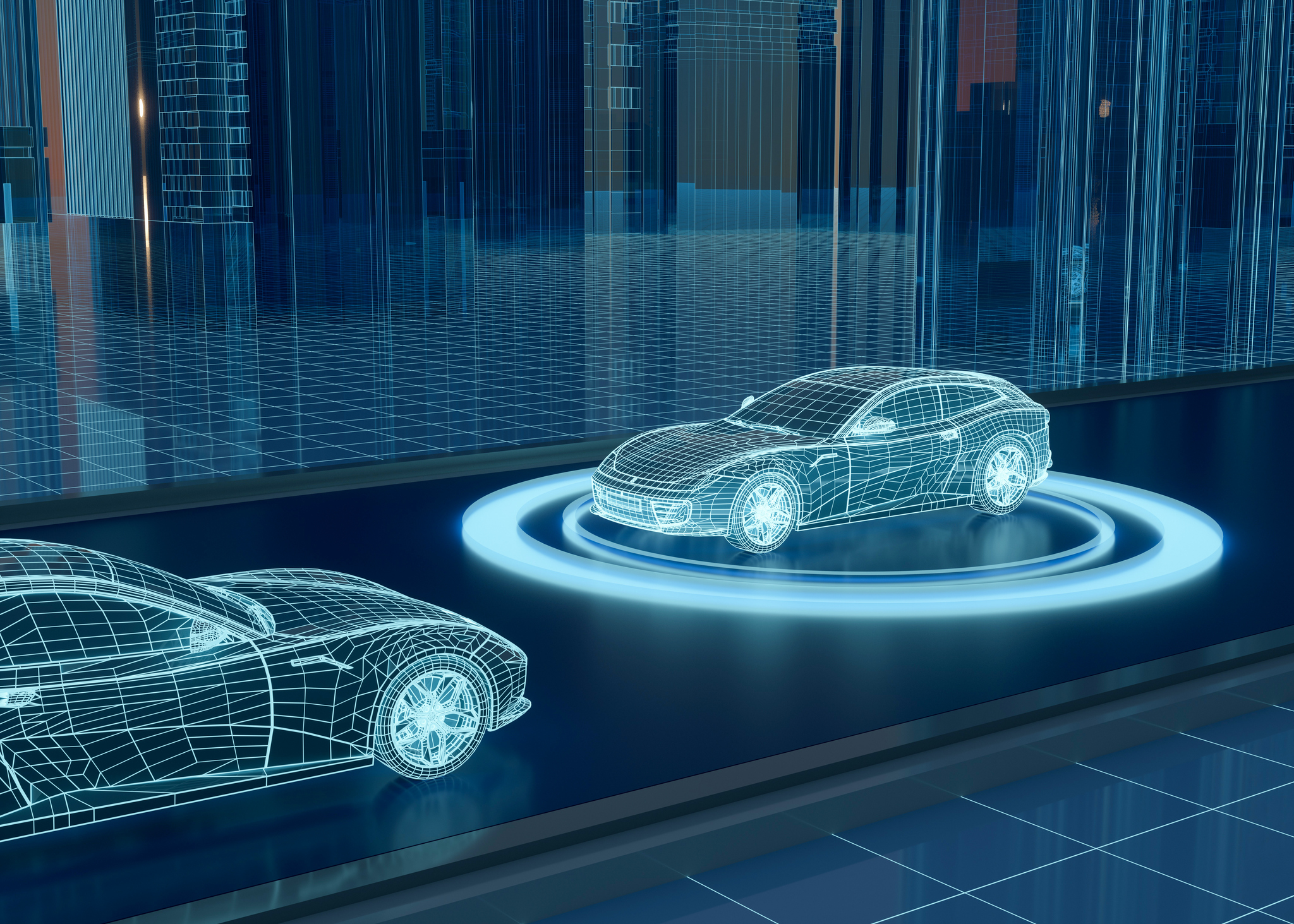 Blue car surrounded by blue circle with shafts of light shining on it to symbolize self-driving cars moving down the road.