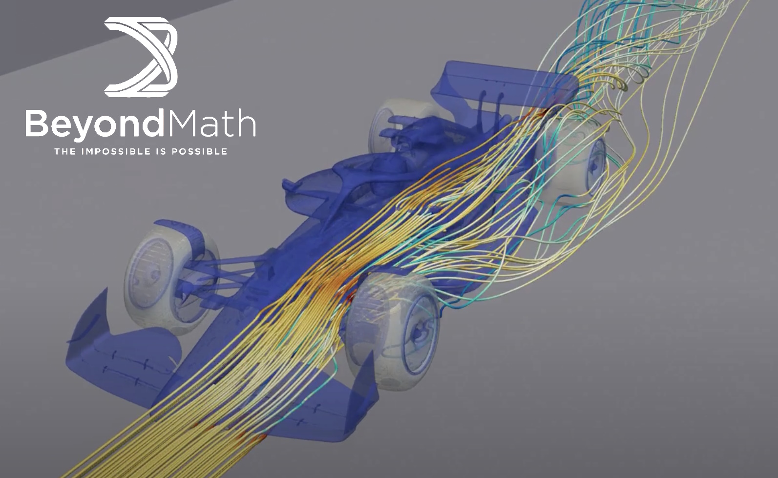 BeyondMath logo and F1 wind tunnel render