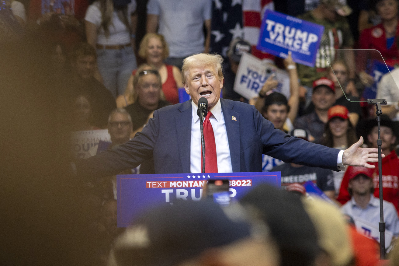 Former US President and Republican presidential candidate Donald Trump speaks during an election campaign rally in Bozeman, Montana, on August 9, 2024.