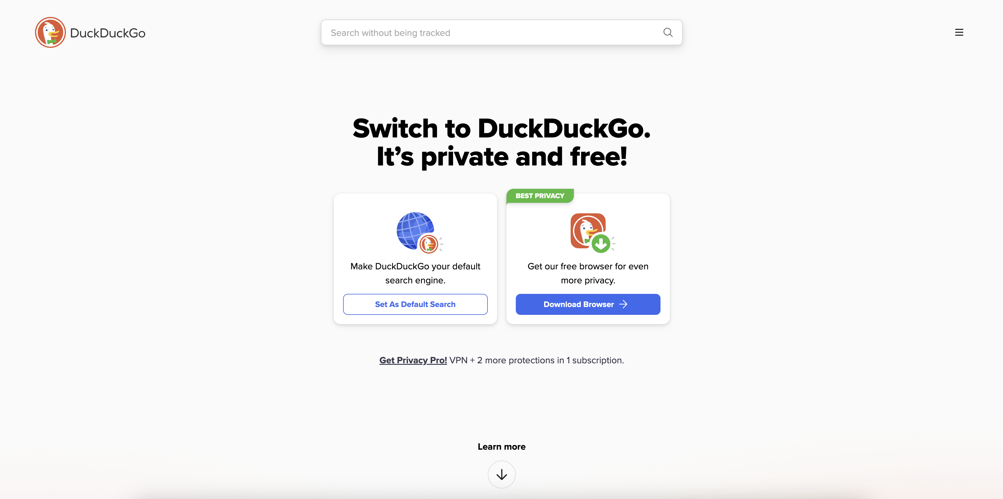 A screenshot of DuckDuckGo's search engine homepage