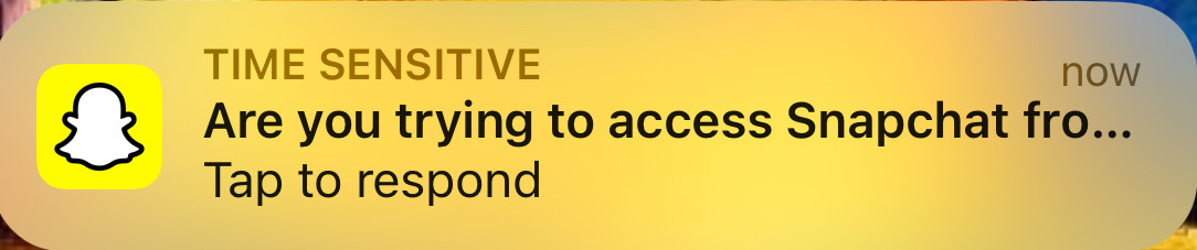 a screenshot showing sign-in request notification on a Snap account set up on an iPhone.
