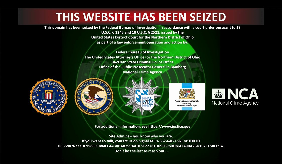 the FBI's seizure notice of the Radar/Dispossessor ransomware and extortion gang.
