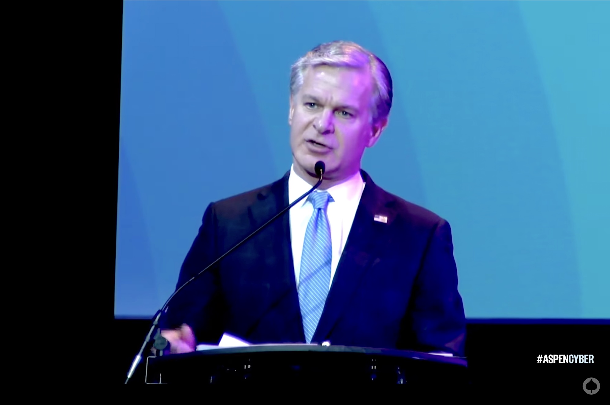 A screenshot of FBI director Christopher Wray at the Aspen Cyber Summit in Washington DC on Sept. 18, 2024.