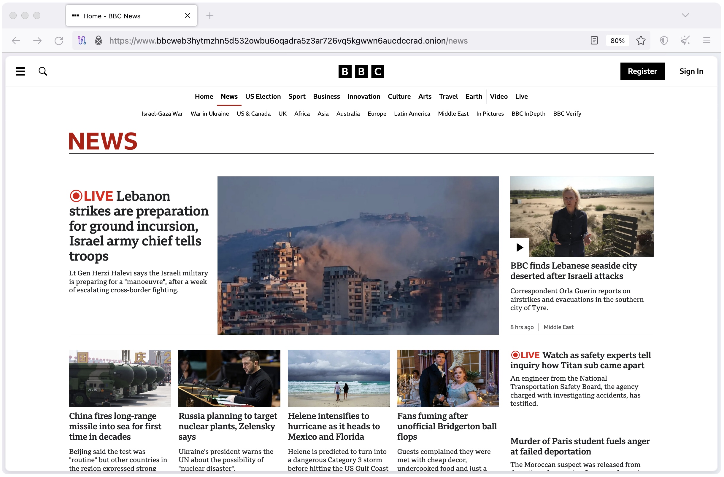 a screenshot of the BBC News website loading in the Tor Browser from its .onion domain, which is accessible only using Tor