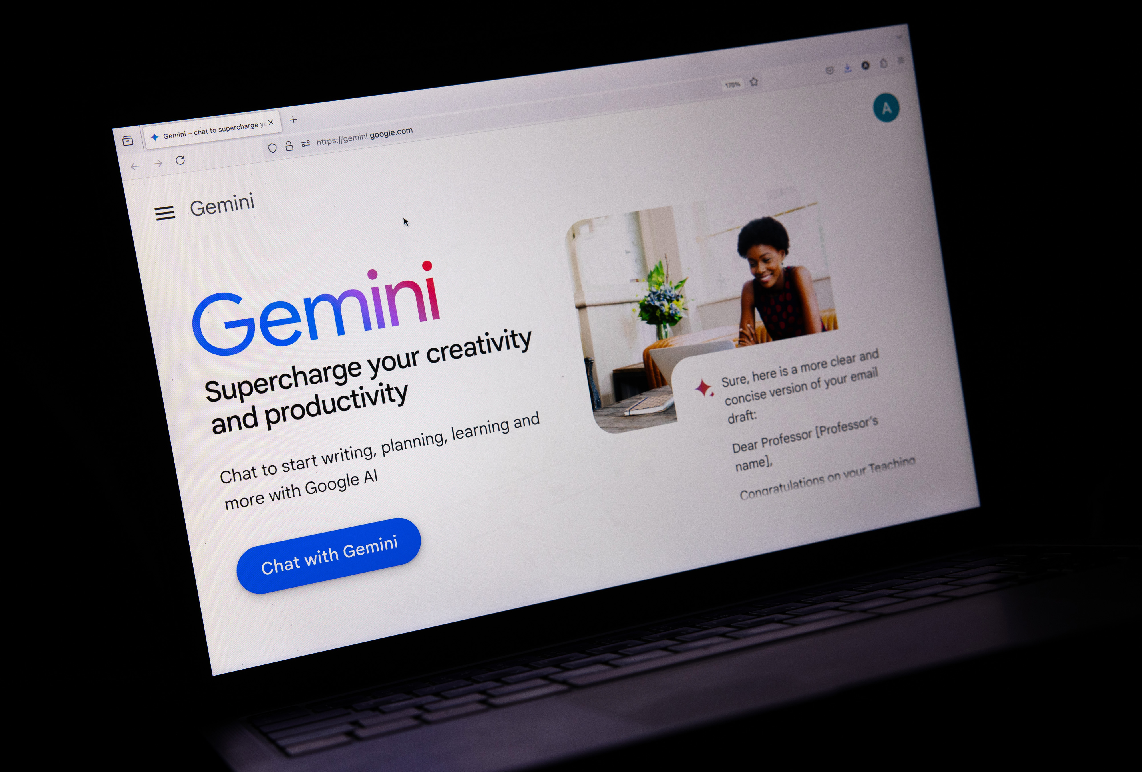 A Google Gemini generative artificial intelligence webpage arranged in Riga, Latvia, on Friday, Aug. 16, 2024. The public release of advanced generative AI tools such as Google's Gemini, Meta AI, and OpenAI's ChatGPT over the past two years has heightened fears that millions of workers could be displaced. Photographer: Andrey Rudakov/Bloomberg via Getty Images