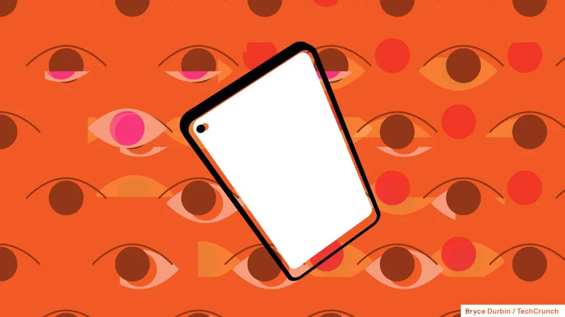 An illustration showing an Android cellphone and creepy eyes in the background.