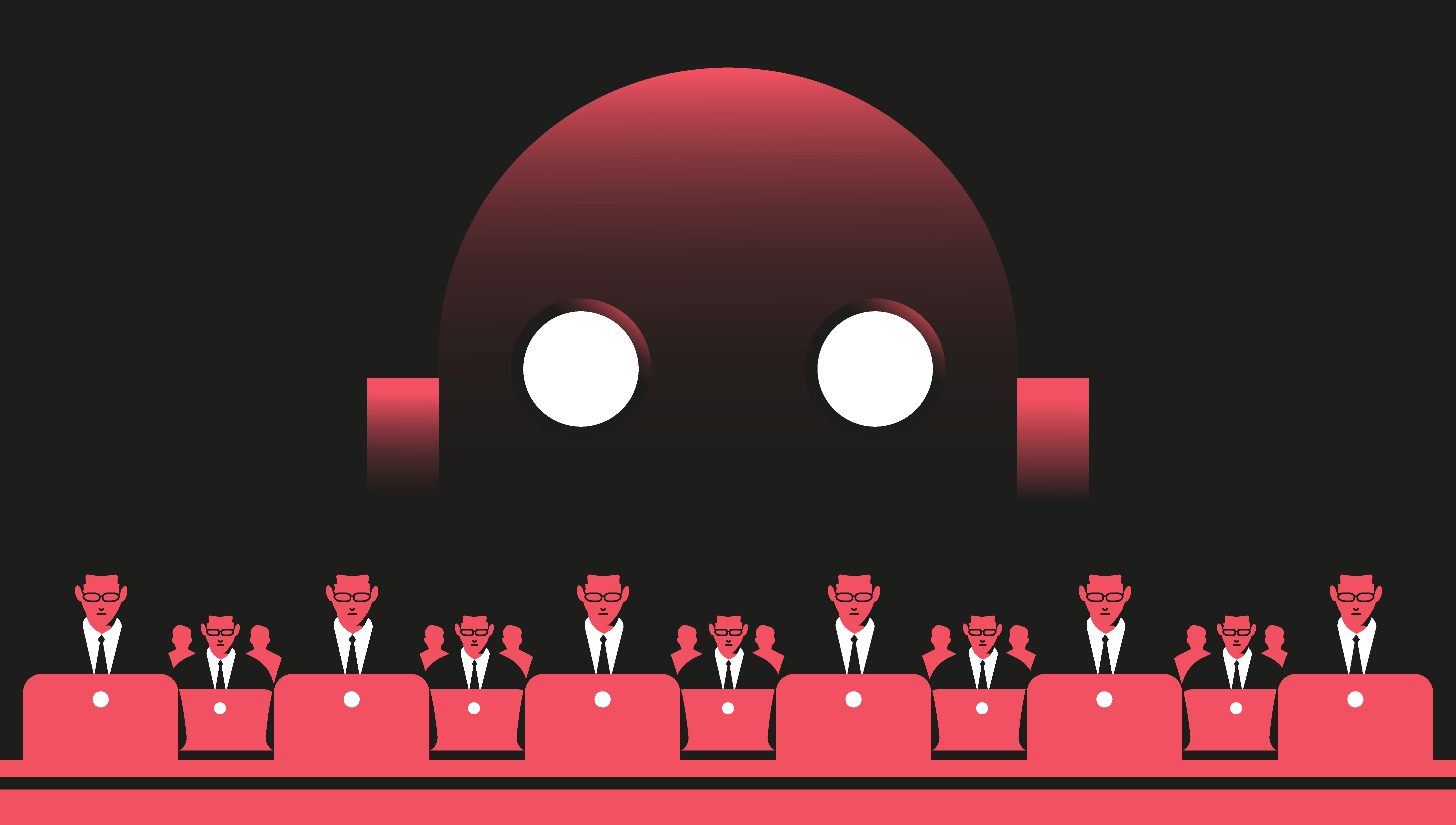 Employees at the computers and giant robot illustration