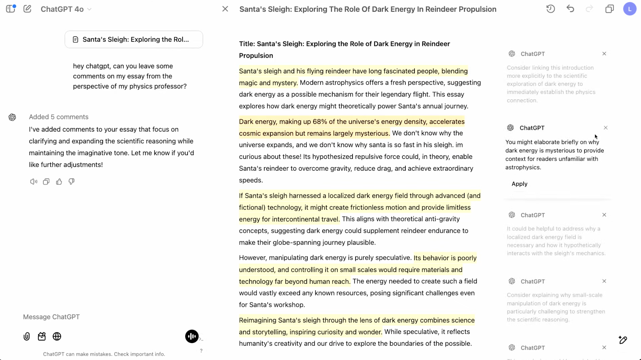 A demo of Canvas in ChatGPT. A user is collaborating with ChatGPT like a Google Doc, with comments from AI on how to improve upon the written text.