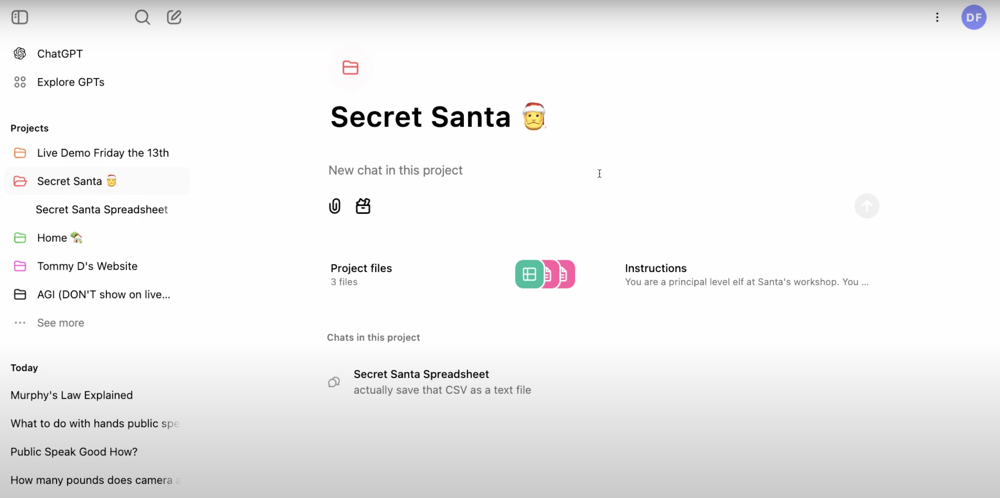 Example of OpenAI's Projects feature planning a Secret Santa