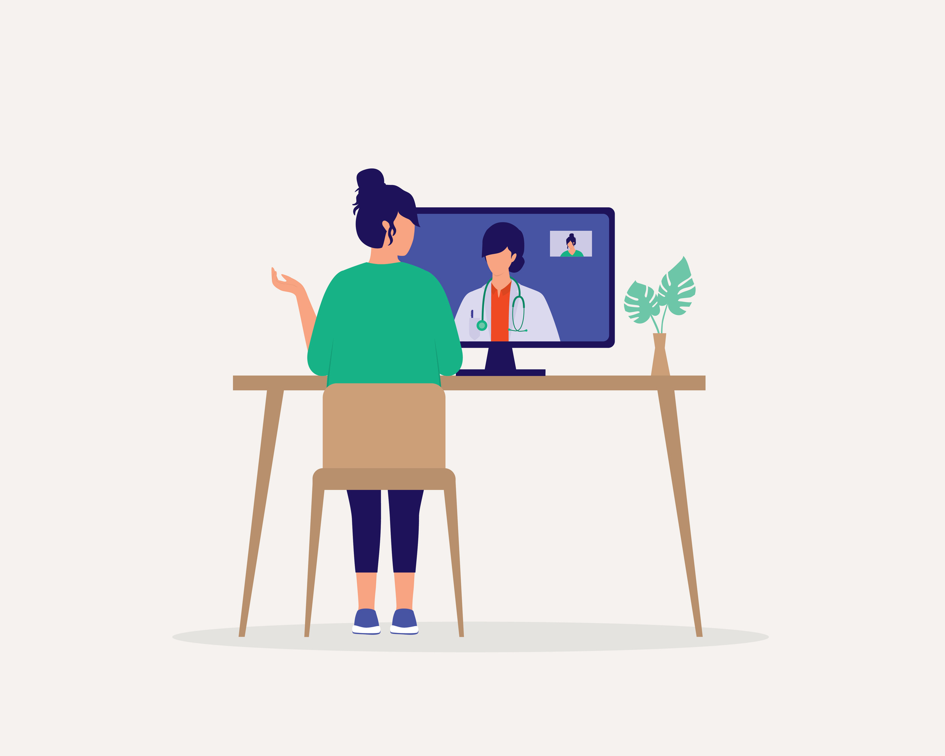 Illustration; Back View Of A Young Woman Sitting On Desktop With Computer Making Video Call With Her Doctor While Staying At Home.