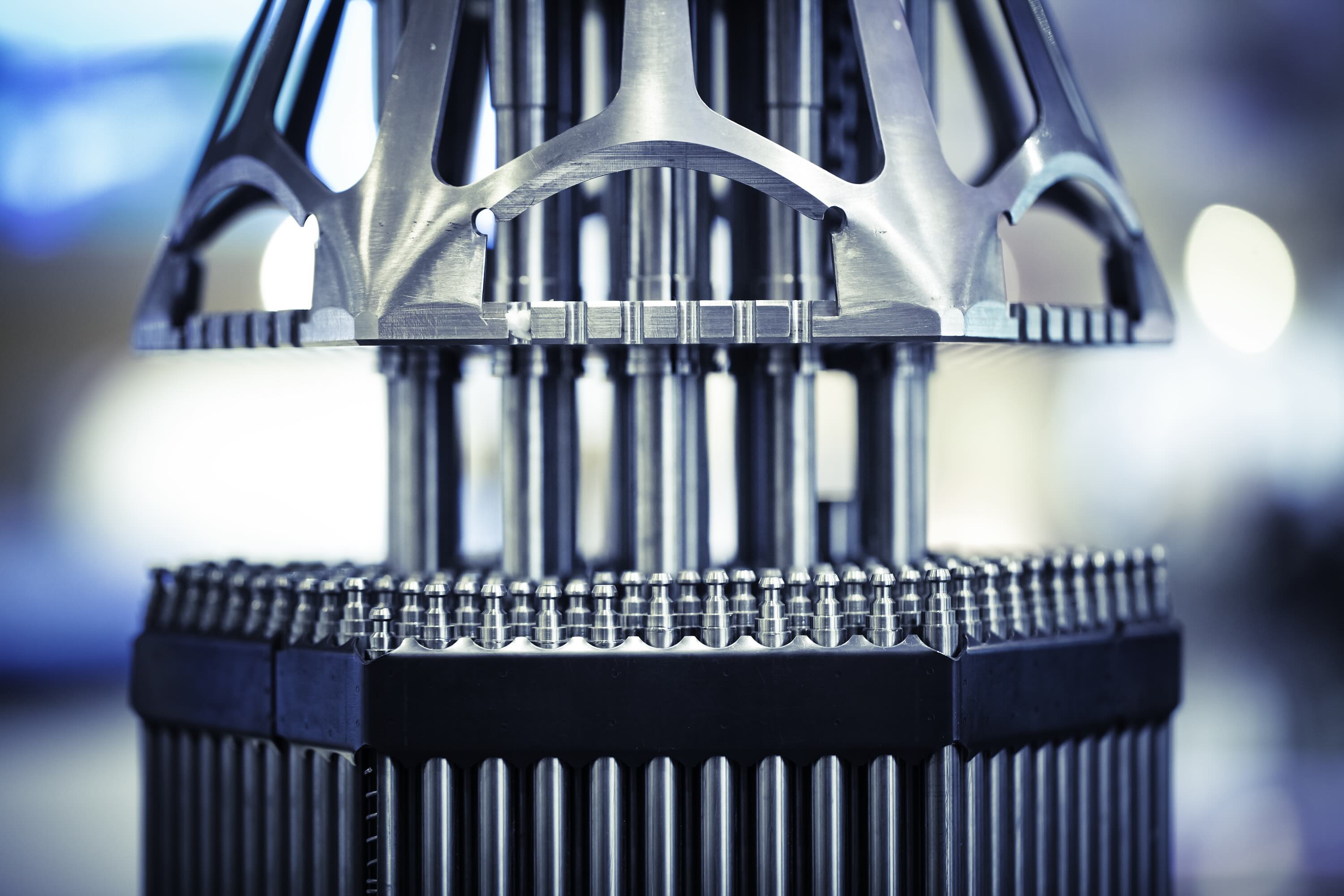 Nuclear fuel rods sit ready for insertion into a reactor.