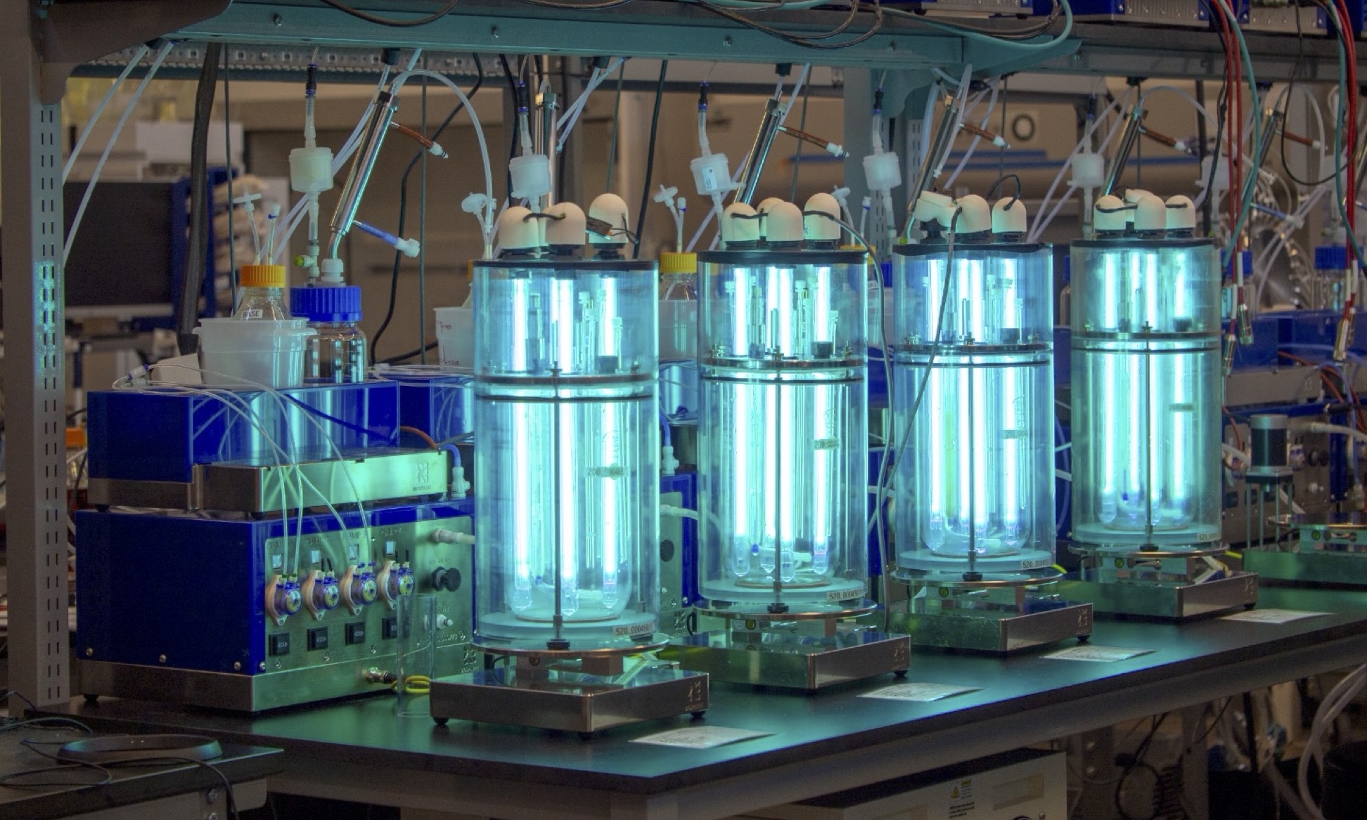UV lights sterilize Biosphere's glass bioreactors.