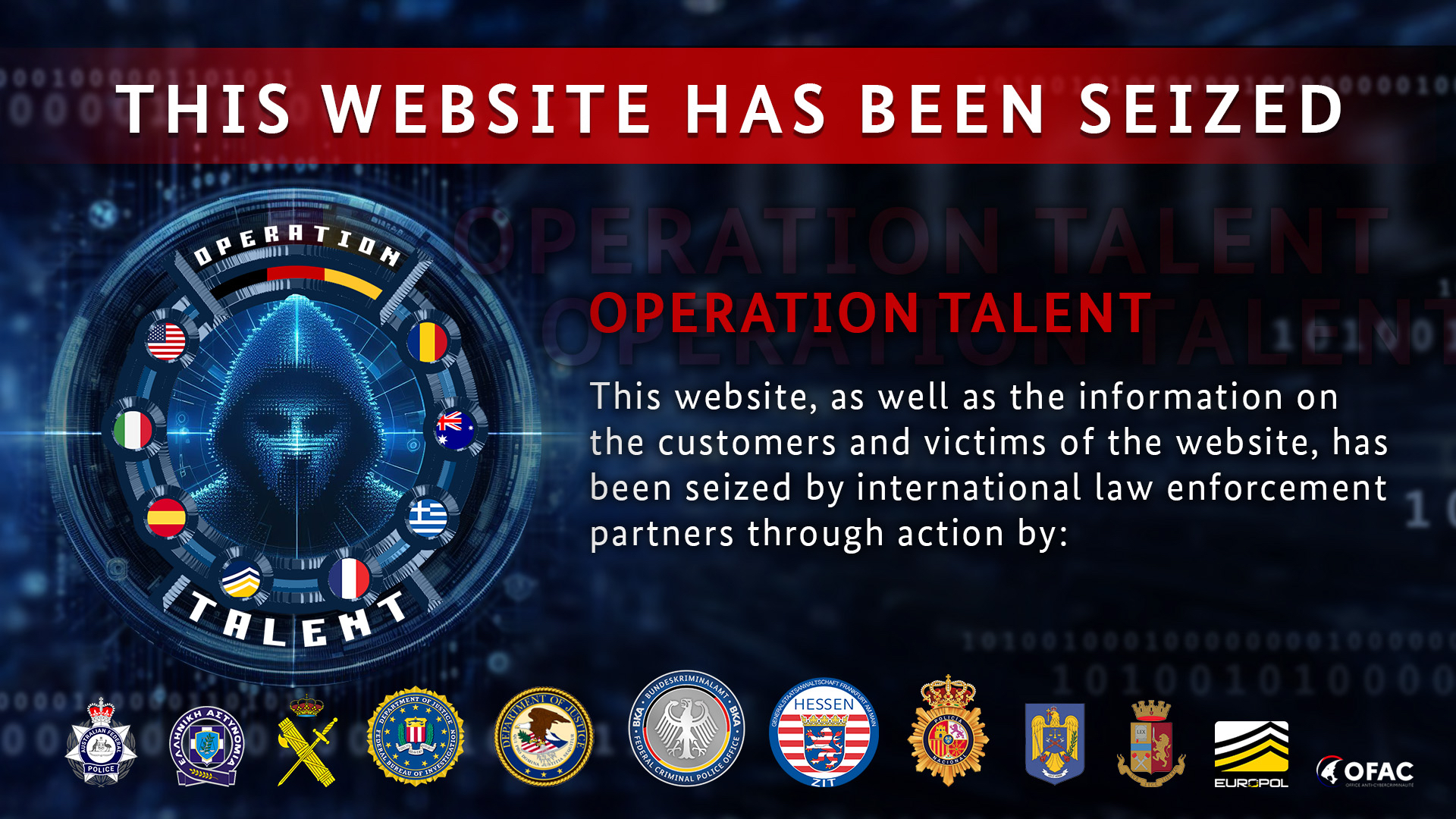 A banner displayed on several hacking forums and sites, announcing the coordinated international law enforcement action called Operation Talent.