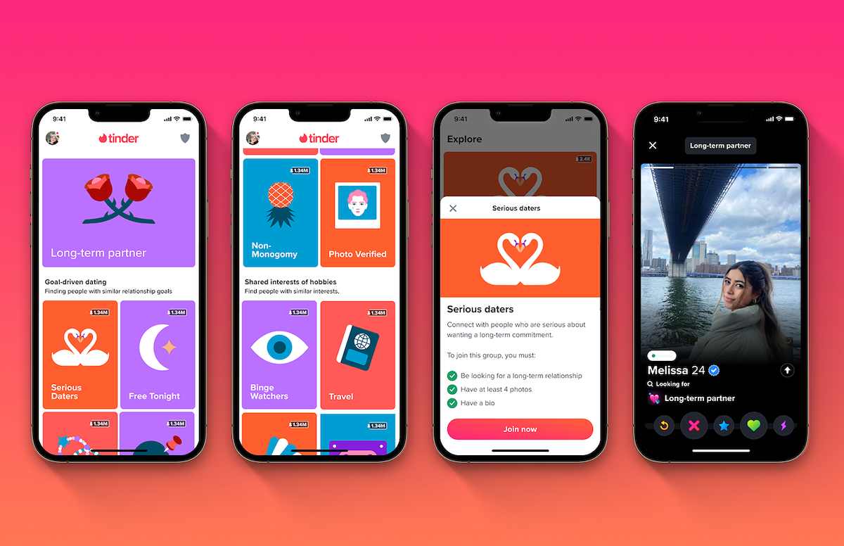 Tinder app on four smartphone screens