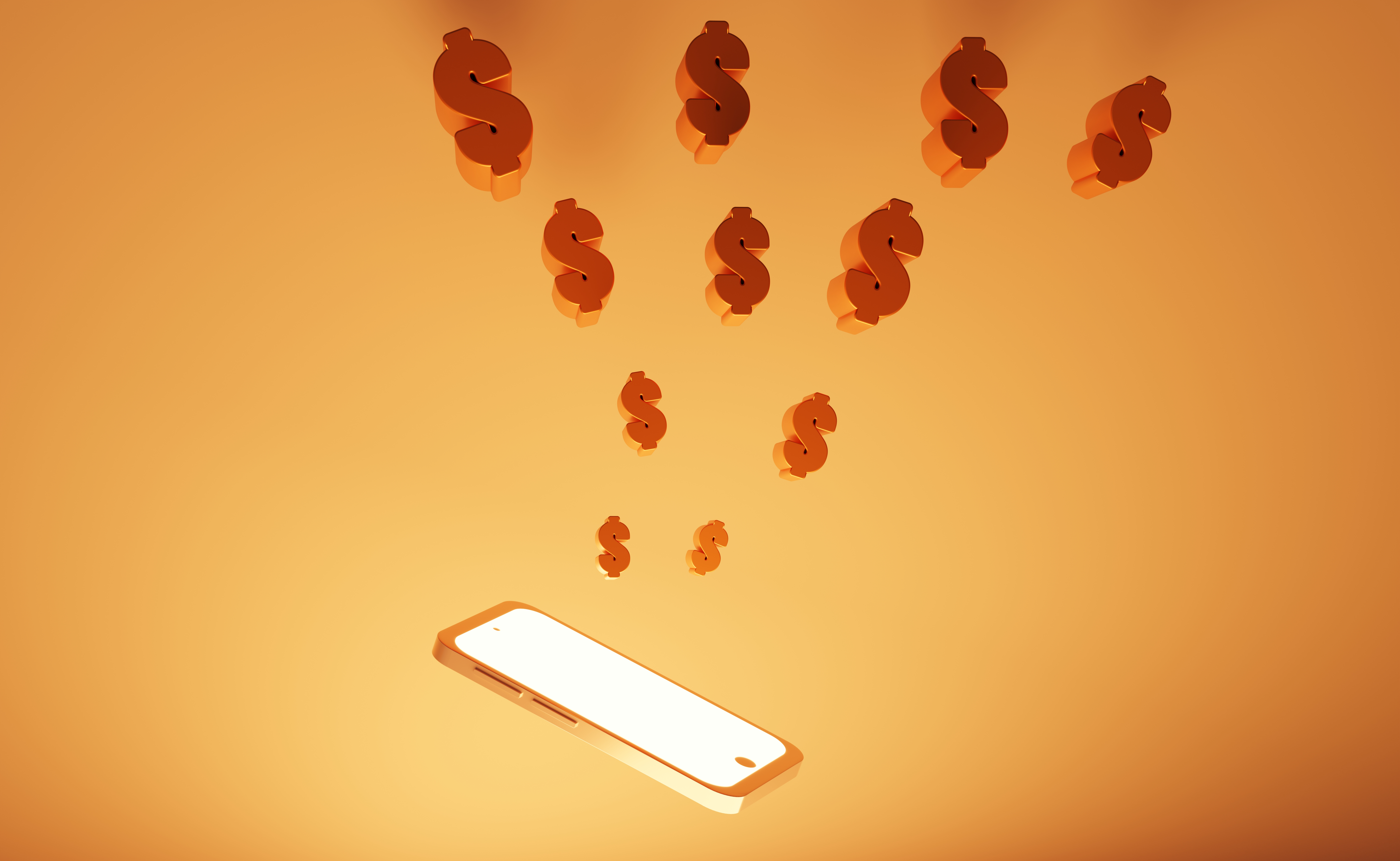 Golden Smartphone with red $ signs popping out of the screen