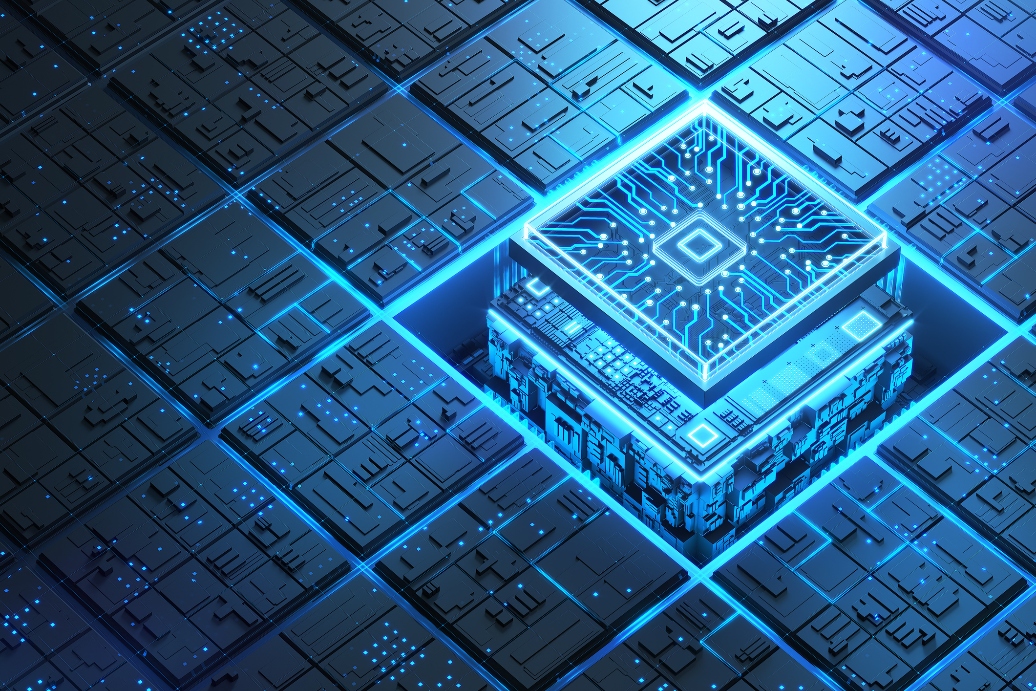 Blue glowing futuristic semiconductor and circuit board.
