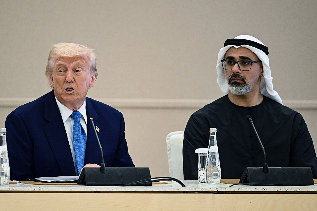 US President Donald Trump (L) speaks as he sits next to Abu Dhabi's Crown Prince Sheikh Khaled bin Mohamed bin Zayed Al Nahyan during the business dialogue forum in Abu Dhabi on May 16, 2025. The United Arab Emirates is the third leg of Trump's visit to the region, which has already taken him to Saudi Arabia and Qatar. (Photo by Brendan SMIALOWSKI / AFP) (Photo by BRENDAN SMIALOWSKI/AFP via Getty Images), Stargate