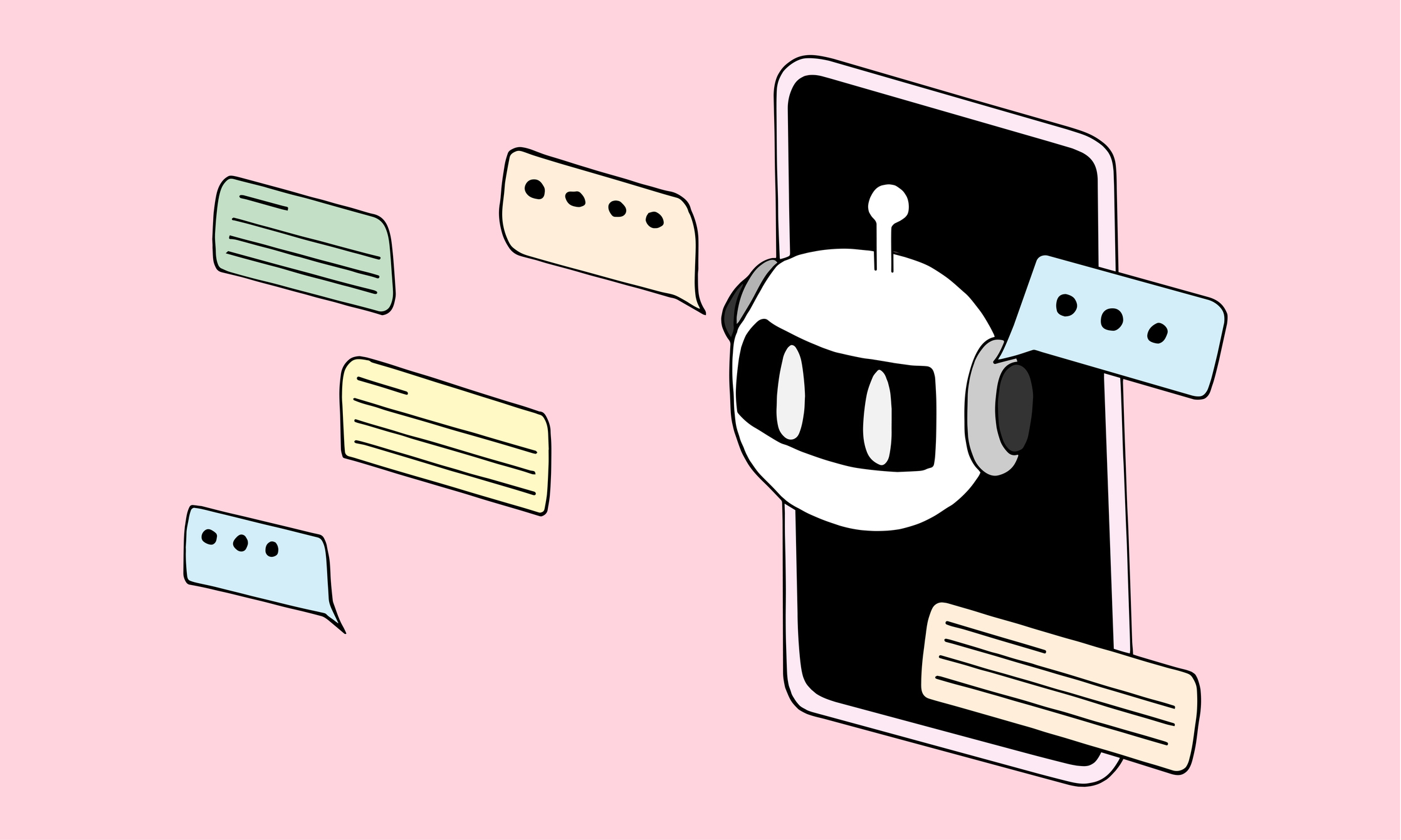 Chatbot looking out of a smartphone display. Text bubbles floating around.
