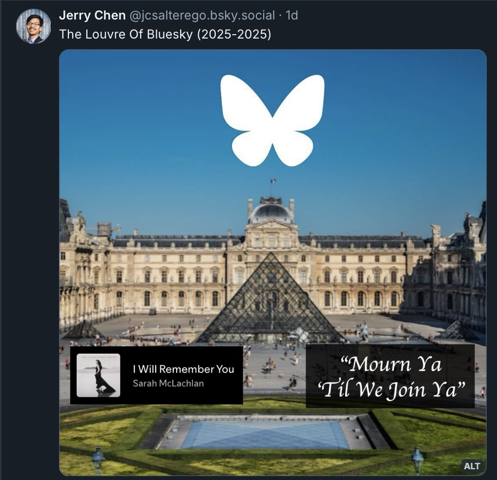 A post commemorating the Louvre of Bluesky
