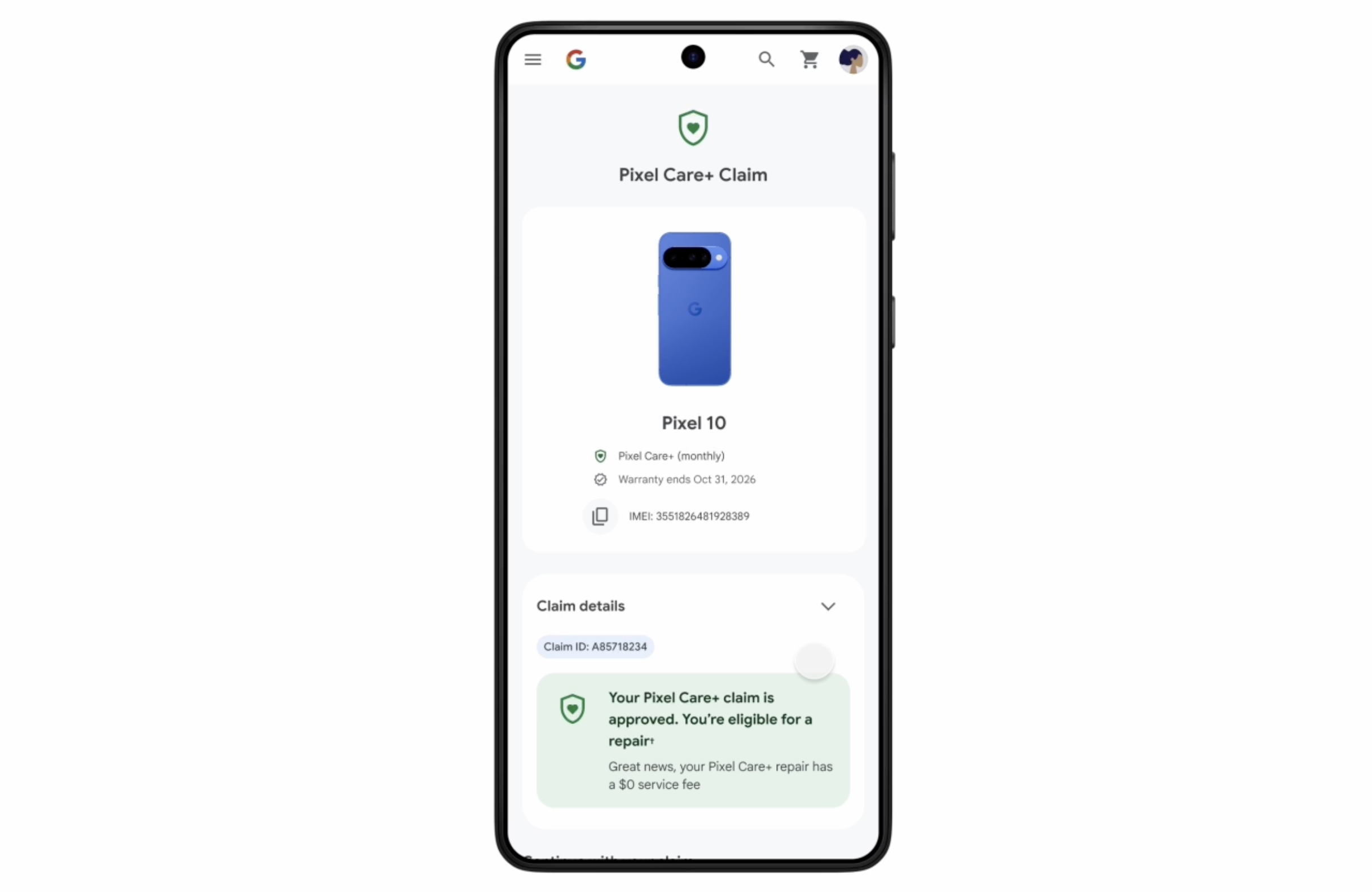 Pixel Care+ claim on phone
