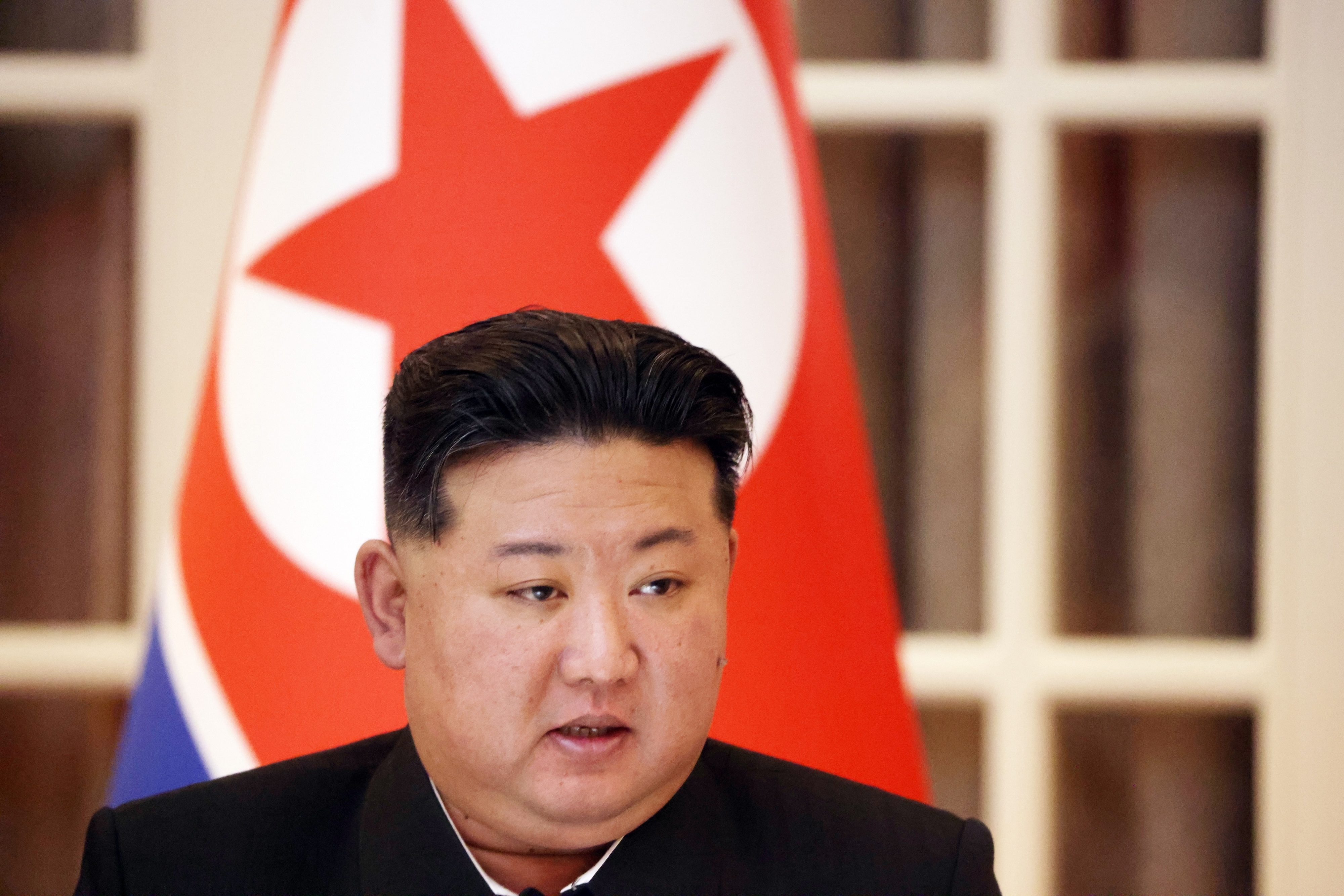 North Korean Supreme Leader Kim Jong Un speaks during a press confernce, June 19, 2024, in Pyongyang, North Korea.