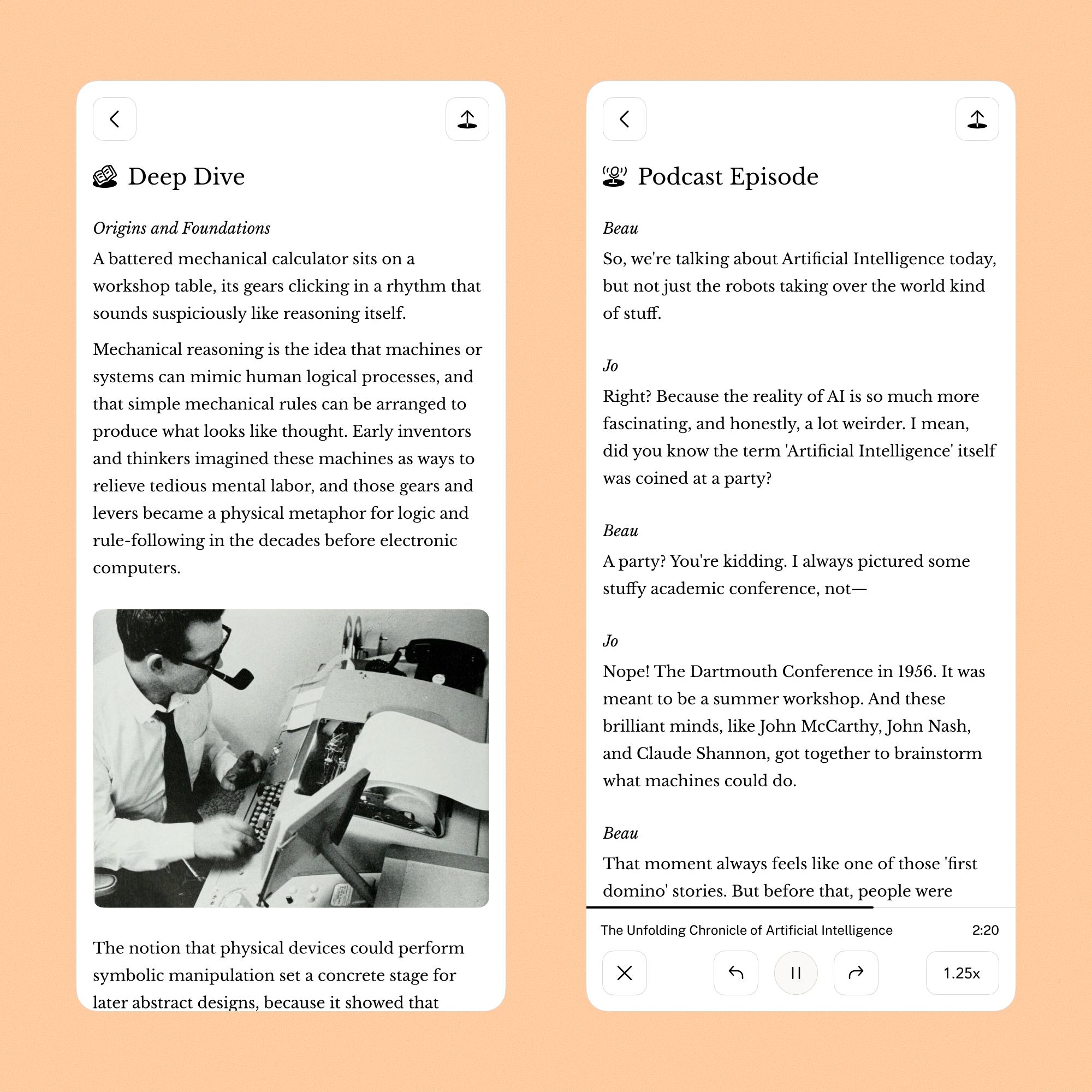 another pair of screenshots showing a deep dive and podcast episode in the Oboe app.