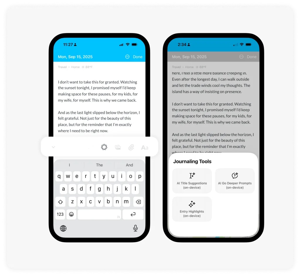 A screenshot showing Day One journaling app's features implemented using Apple's local model. These features include a summary, title suggestion, and prompt generation to go deeper into writing.