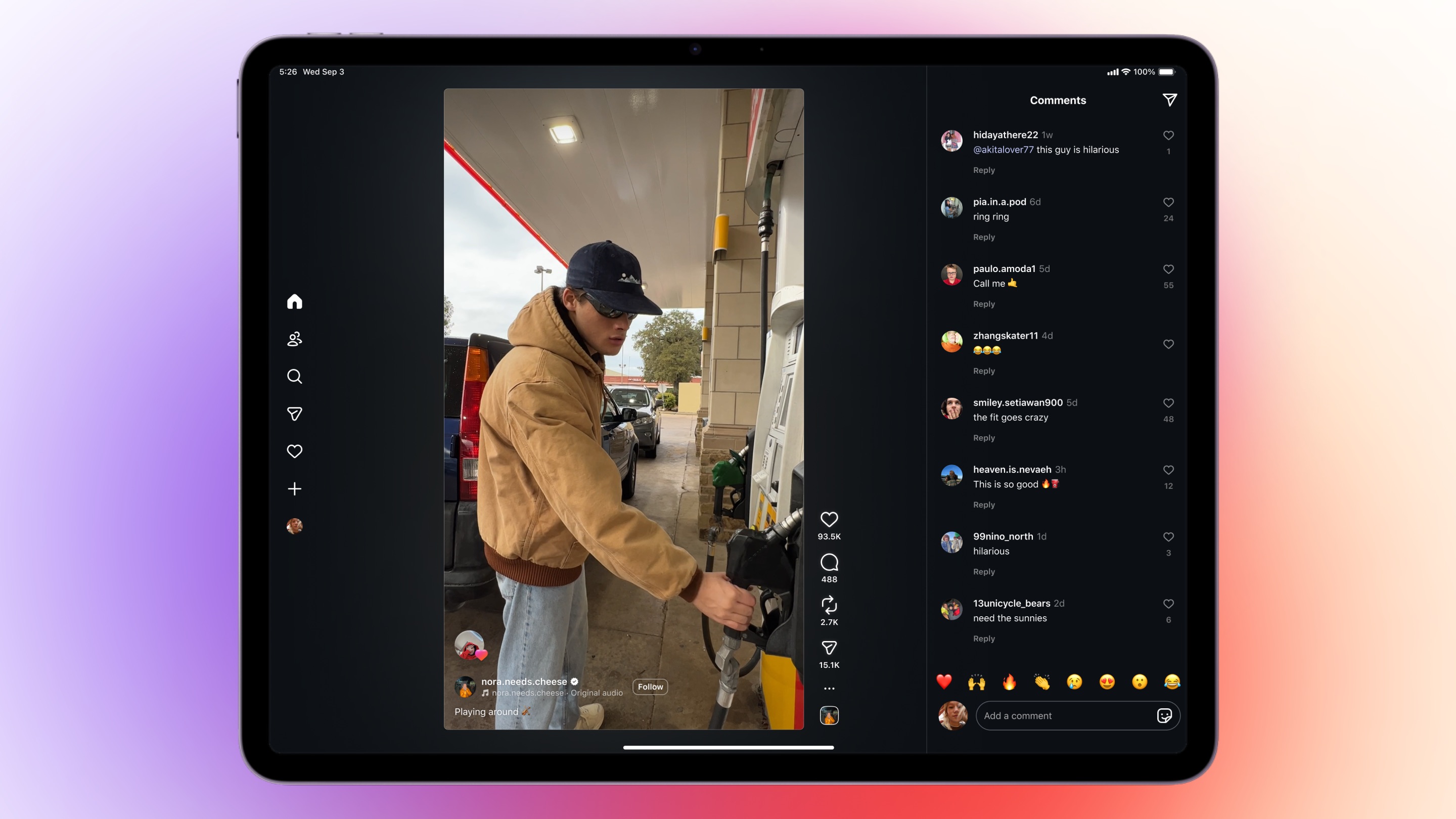An Image displaying Instagram for iPad that has a Reel open with comments on the side.