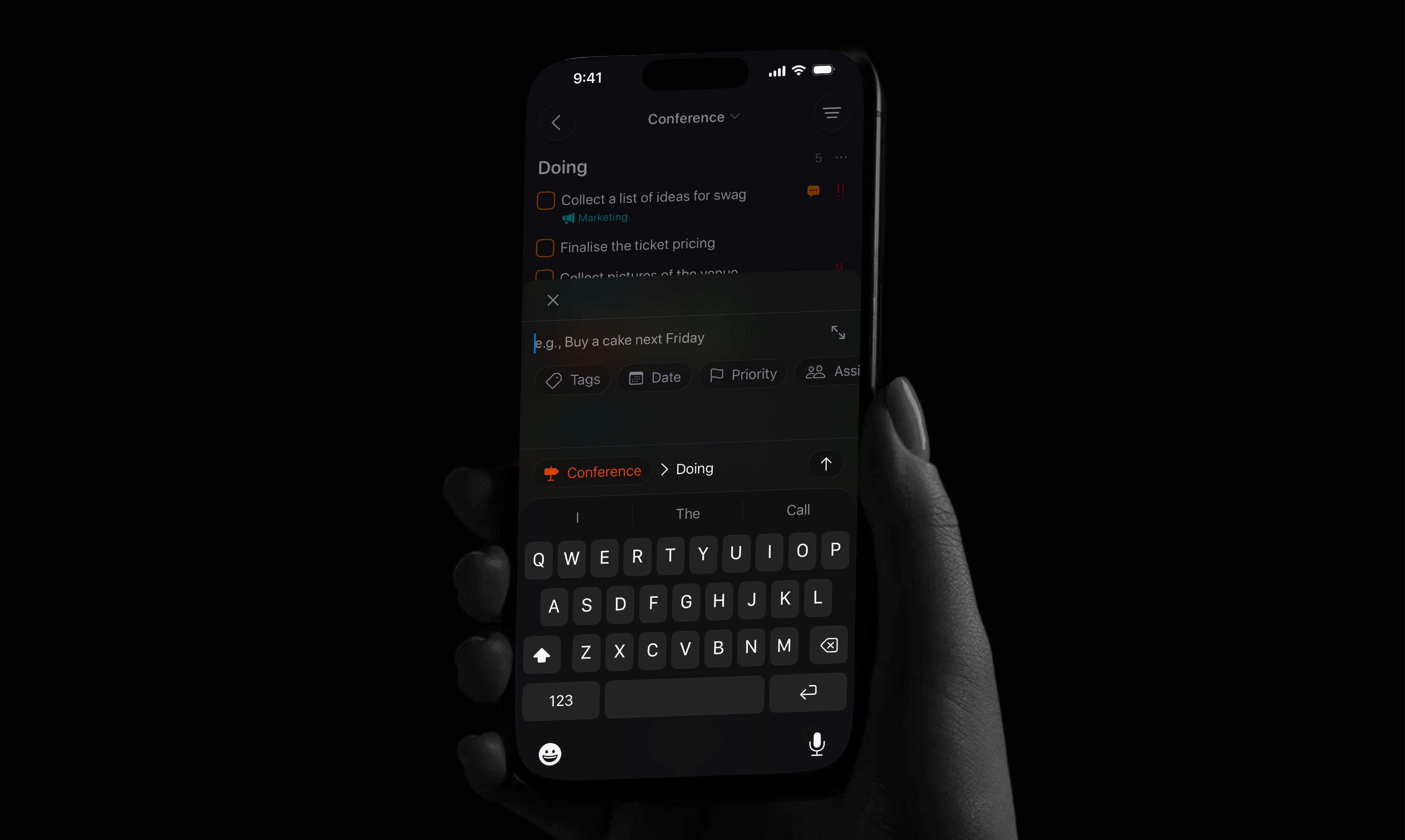 This is a lifestyle shot of Tasks app showing screen with a new feautre that uses local models to suggest tags when you enter a task.