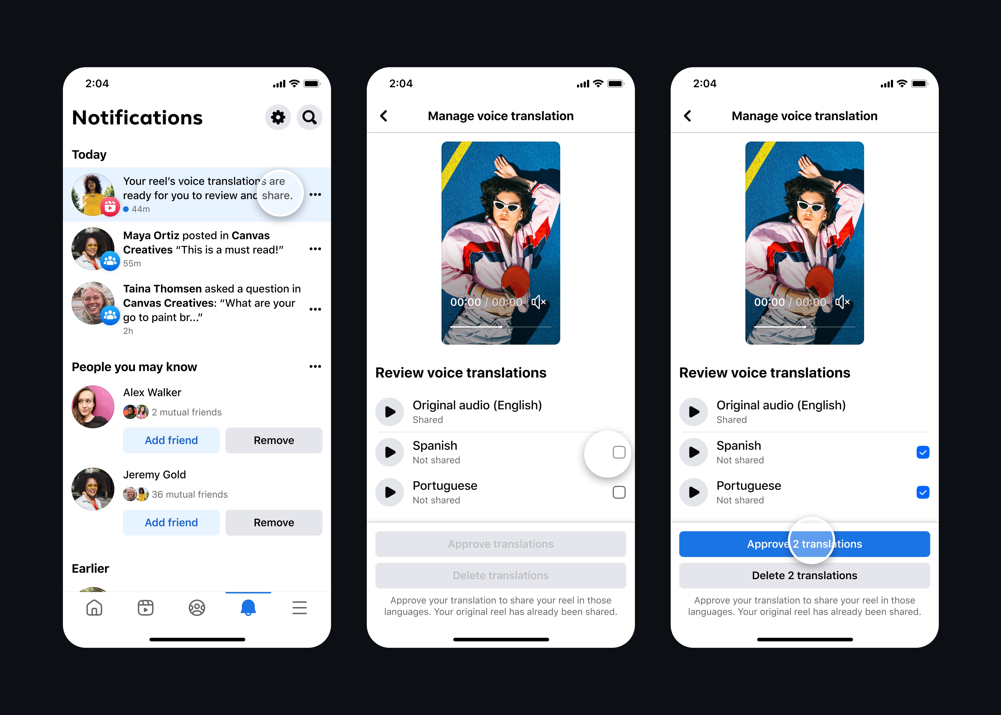 Screenshots of Facebook interface for creators that shows screens to view, review, and approve AI-powered translations of their review