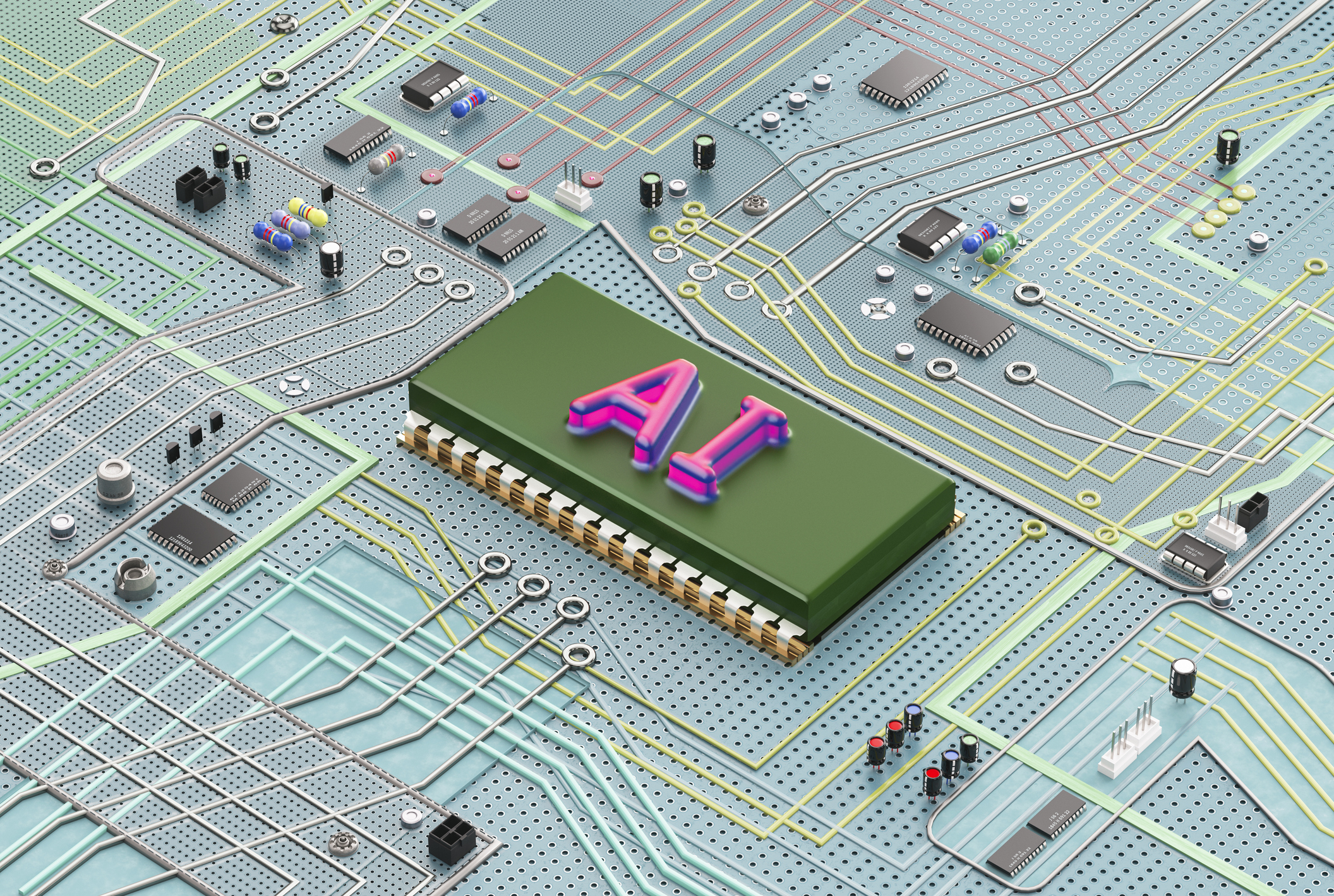 A complex electronic circuit board containing an artificial intelligence chip