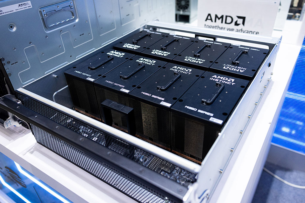 A Mitac Holdings Corp. G8825Z5 8U server equipped with Advanced Micro Devices Inc. Instinct MI350 GPUs on display during the Computex conference in Taipei, Taiwan.