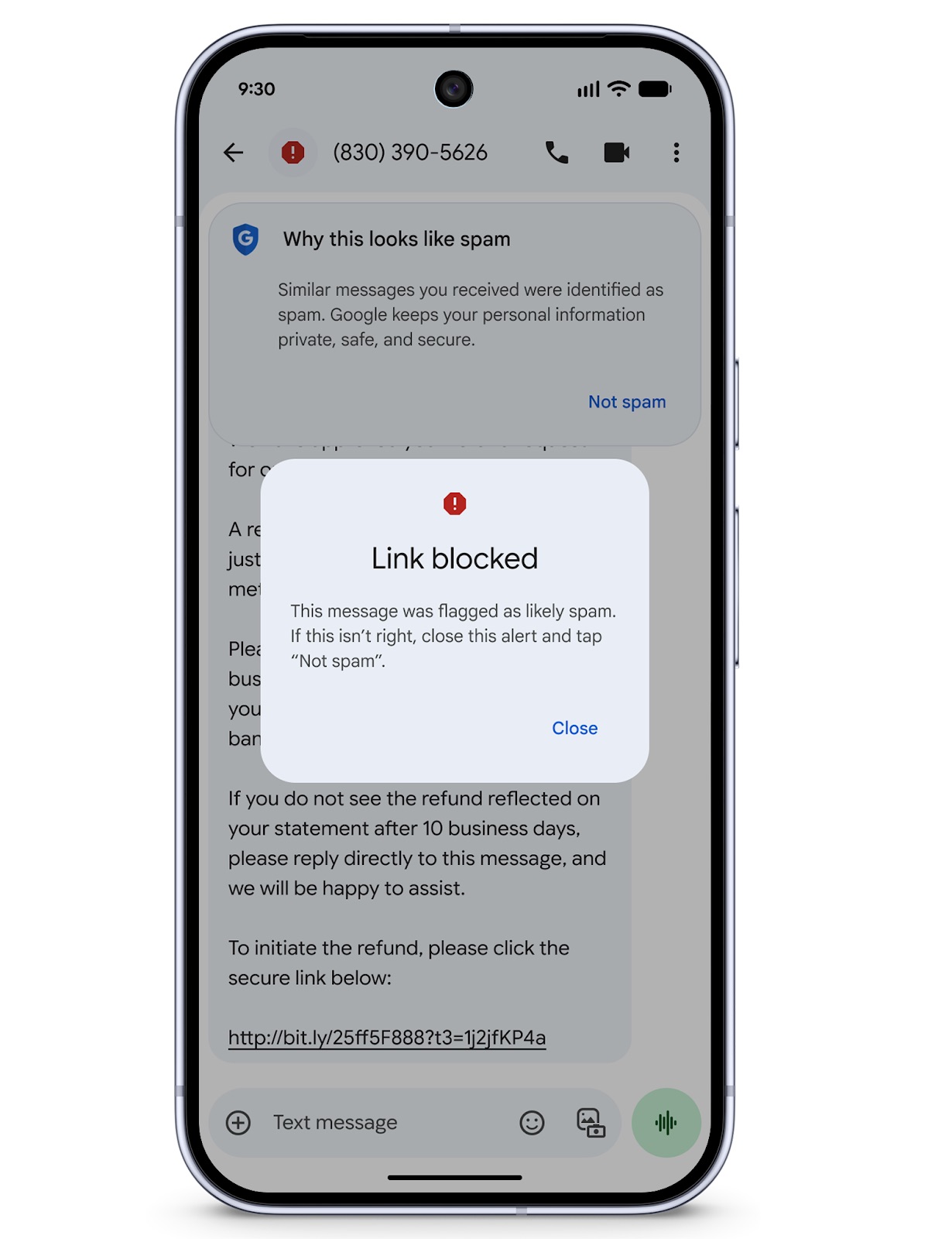 A screenshot showing a warning for a text on Google Messages containing potentially spammy linked.