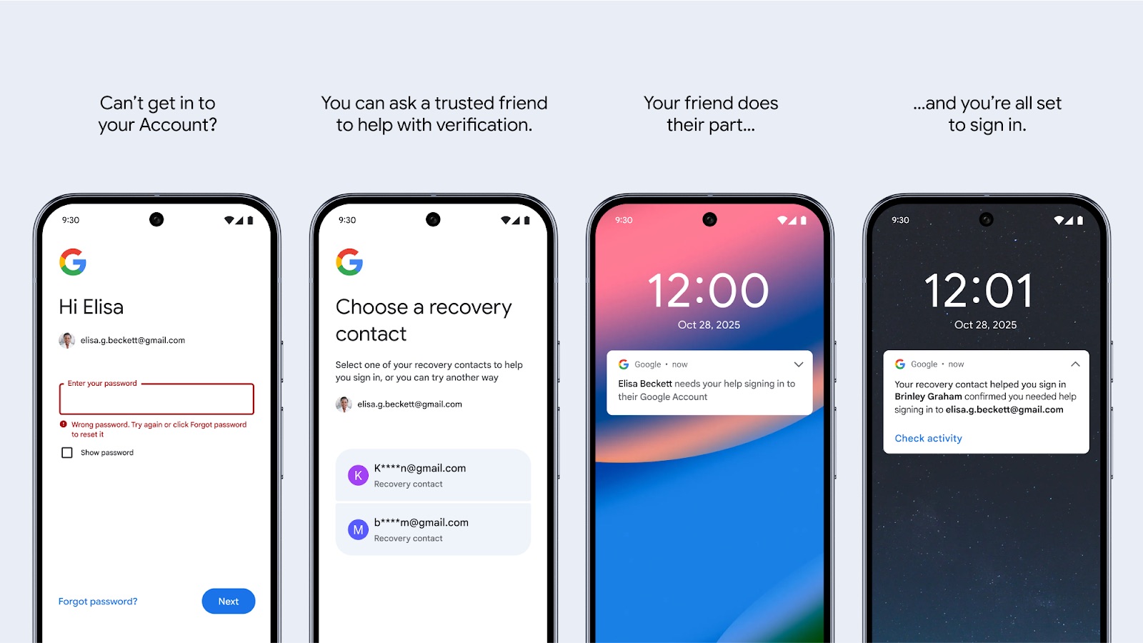 A series of screenshots describing how to add recovery contacts to your Google Accounts 