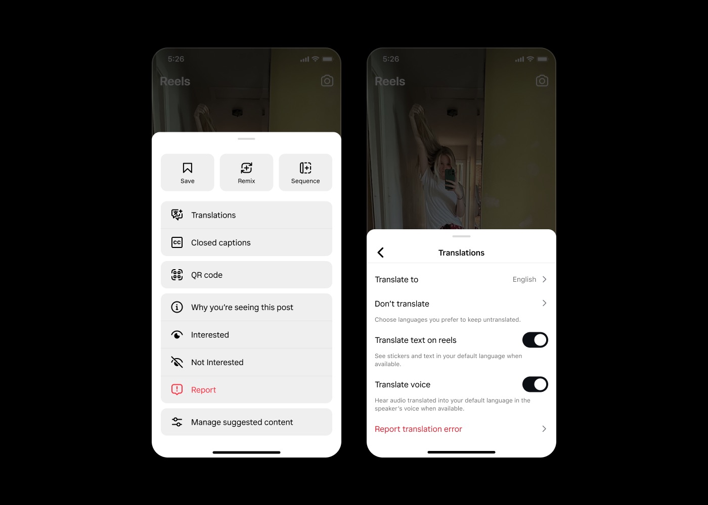Screenshots of a menu on Instagram interface to control AI-powered translation for Reels. Users can turn on/off translations for voice and text